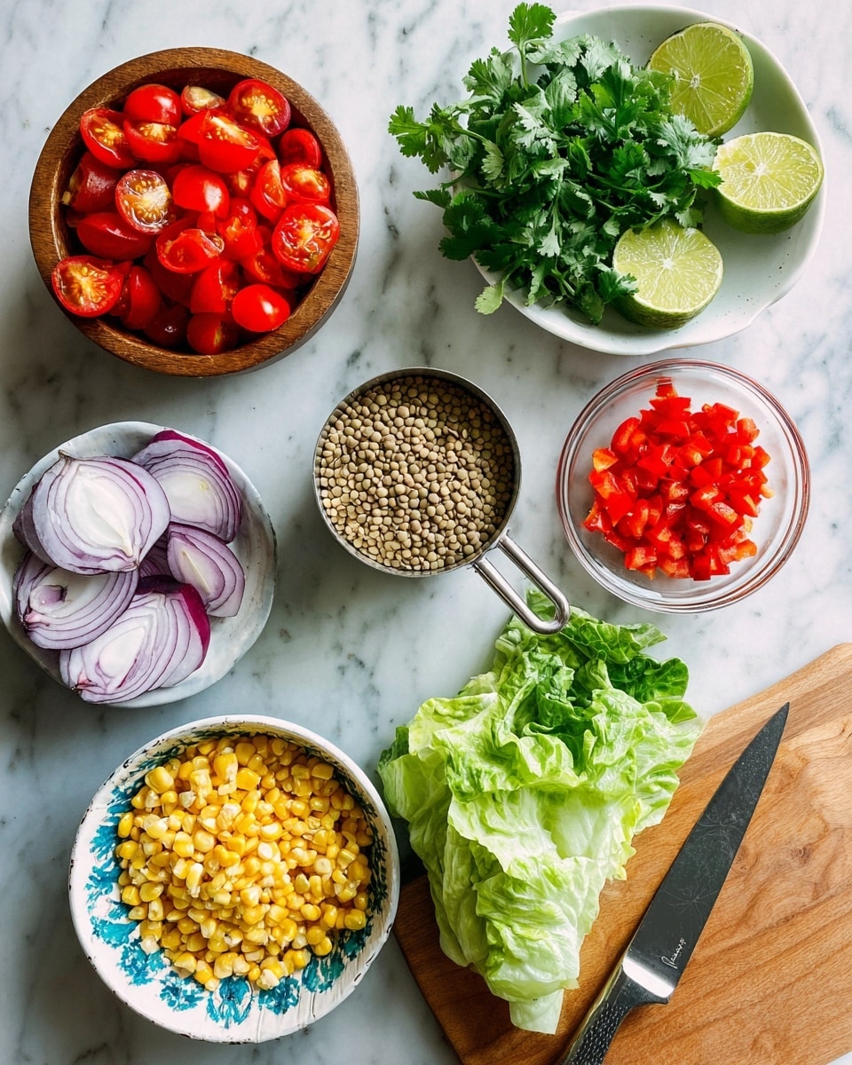 The image shows fresh cooking ingredients on a white marbled surface. At the top left, a wooden bowl is filled with bright red cherry tomatoes sliced in half, showing the juicy texture inside. Next to it on the right, a white bowl holds fresh green cilantro leaves and two halves of a lime, displaying the light green inside. Below the tomatoes, a red onion sliced into quarters shows its smooth, shiny purple and white layers. In the center, a metal measuring cup is filled with small round beige lentils. To the right of the lentils, a small clear bowl contains chopped red bell pepper pieces. Below the lentils, a shallow bowl with a white and blue patterned edge contains whole bright yellow corn kernels. At the bottom right of the image, a wooden cutting board holds a mix of green lettuce leaves and halves of romaine lettuce. A large knife rests on the cutting board near the lettuce. photo taken with an iphone --ar 4:5 --v 7