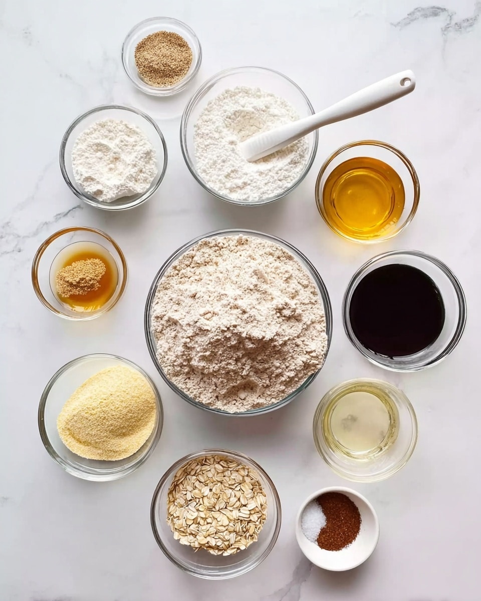 The image shows an overhead view of nine glass bowls with different ingredients, placed neatly on a white marbled surface. In the center is a large bowl filled with light brown flour, surrounded by smaller bowls: one with white flour and a white spatula inside, another with a golden liquid that looks like honey or syrup, a small bowl with a dark thick syrup, and another with oats. Near the edges are bowls containing a beige granulated ingredient, a small pile of light yellow powder, a clear liquid, and a small round bowl with a mix of brown powder and white salt. The arrangement is clean and organized, with a bright, natural light highlighting the textures. photo taken with an iphone --ar 4:5 --v 7