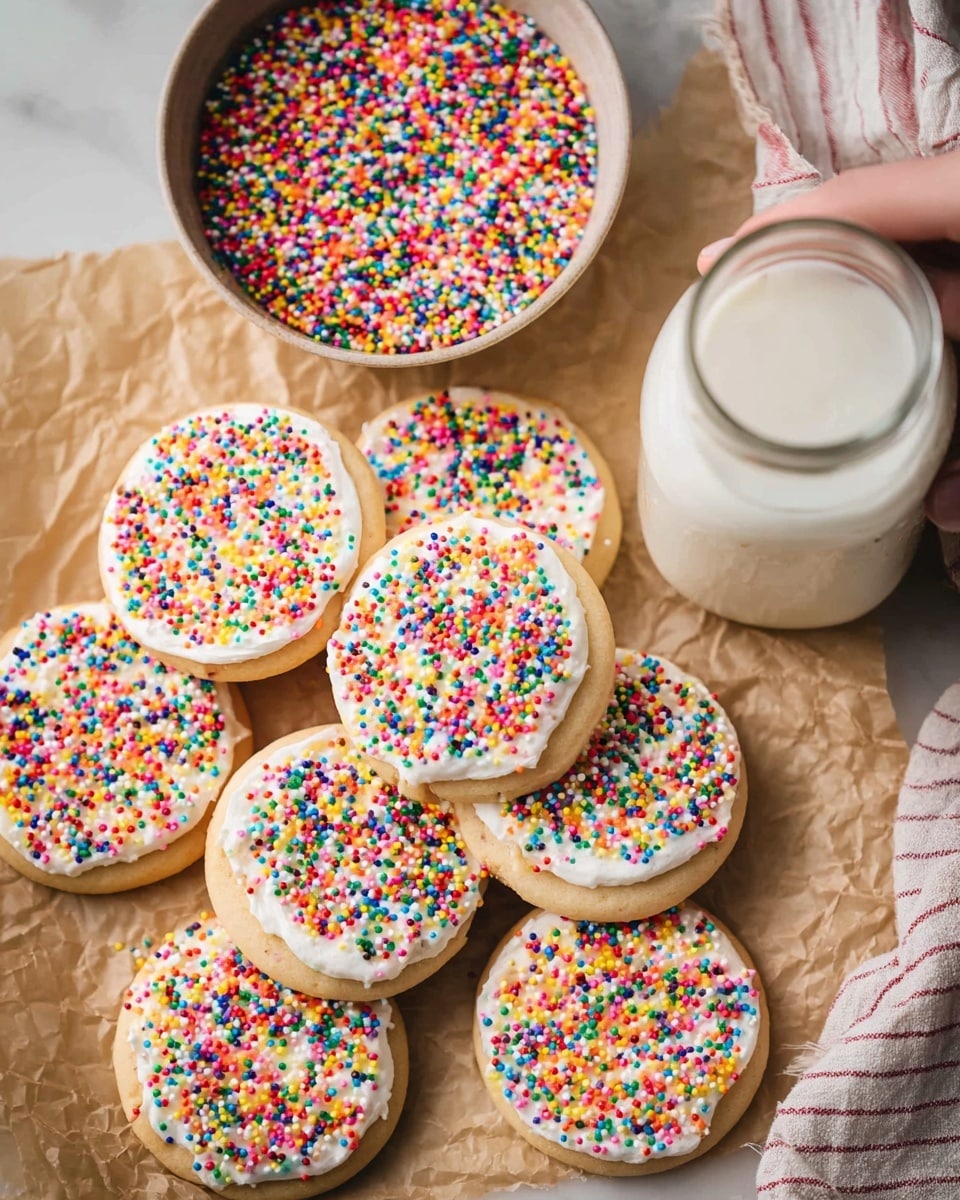 The image shows a stack of three cookies on a white marbled surface. Each cookie has three layers: a light brown cookie at the bottom, a thick white cream layer in the middle with colorful round sprinkles stuck to it, and another light brown cookie on top with a thick white cream layer covered with colorful round sprinkles. Around the stack, there are more single-layer cookies with white cream and sprinkles on top, all placed on a dark wooden board. In the background, a white cup with sprinkles and a glass of milk can be seen. Photo taken with an iphone --ar 4:5 --v 7
