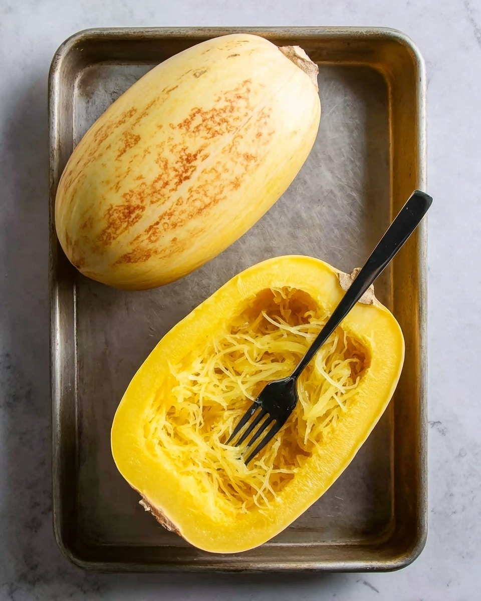 The image shows a whole spaghetti squash with pale yellow skin and light brown spots on the top left side sitting on a metal baking tray. Next to it on the bottom right, there is a half of the same squash with its bright yellow inside and pale yellow stringy flesh being loosened by a black fork resting inside the cavity. The background is a white marbled surface. photo taken with an iphone --ar 4:5 --v 7