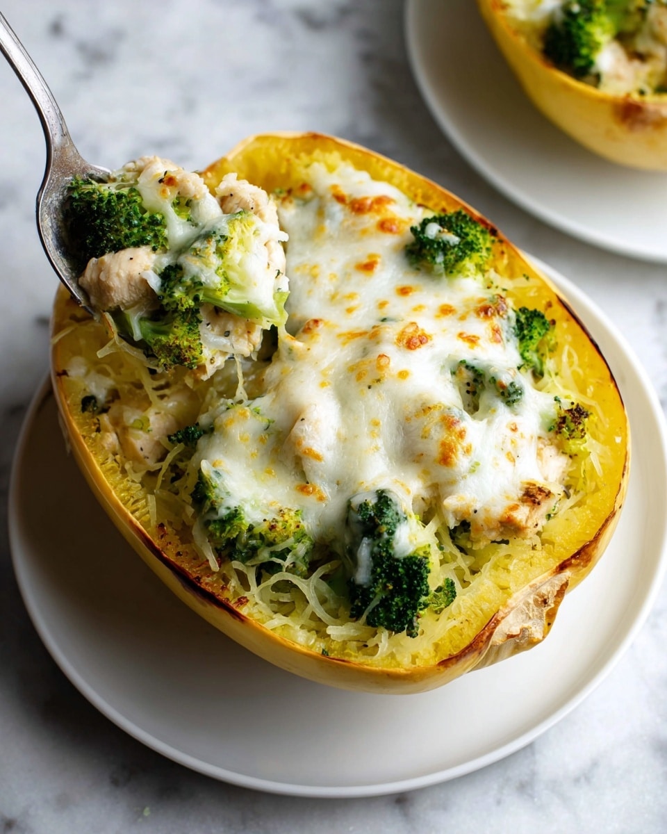 A white plate holds a halved yellow spaghetti squash filled with layers starting from a fibrous, stringy yellow base of cooked squash, then topped with bright green broccoli florets mixed with small pieces of light beige cooked chicken. The top layer is melted white cheese that is browned in spots, creating a bubbly and slightly crisp texture. A silver spoon is placed inside the squash, lifting a portion to reveal the layers inside. The background surface is a white marbled texture, adding a clean and bright feel to the image. Photo taken with an iphone --ar 4:5 --v 7
