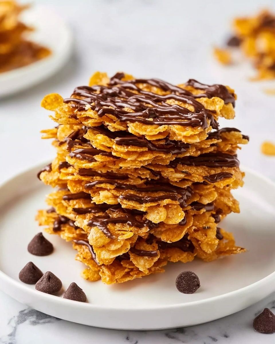The image shows a stack of five uneven, crunchy layers made from golden corn flakes held together with a sticky syrup, each layer drizzled with dark brown chocolate in a zigzag pattern. The bottom layer sits on a smooth white plate, with a few scattered loose corn flakes and some dark chocolate chips placed at the base. The background is a white marbled surface, making the stack the main focus. Photo taken with an iphone --ar 4:5 --v 7