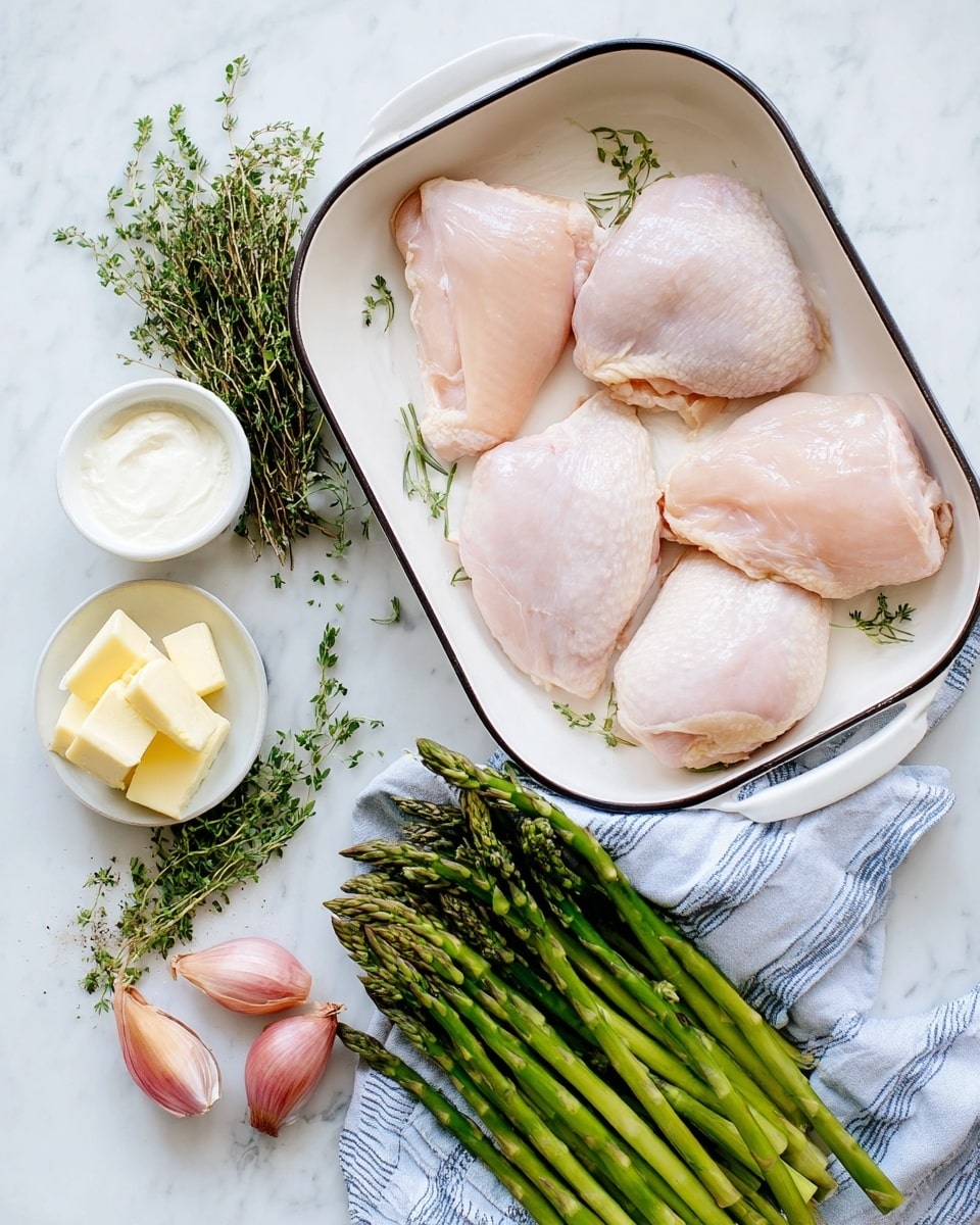 Four raw, pale pink chicken pieces lie in a white baking dish with dark edges placed on a white marbled surface. Below the dish, bright green asparagus spears rest on a blue and white striped cloth with two pinkish shallots beside them. To the left, there is a small white bowl filled with white cream and a small white bowl containing three yellow butter cubes. Fresh green herbs, including sprigs of thyme and tarragon, are spread out on the same white marbled surface. photo taken with an iphone --ar 4:5 --v 7