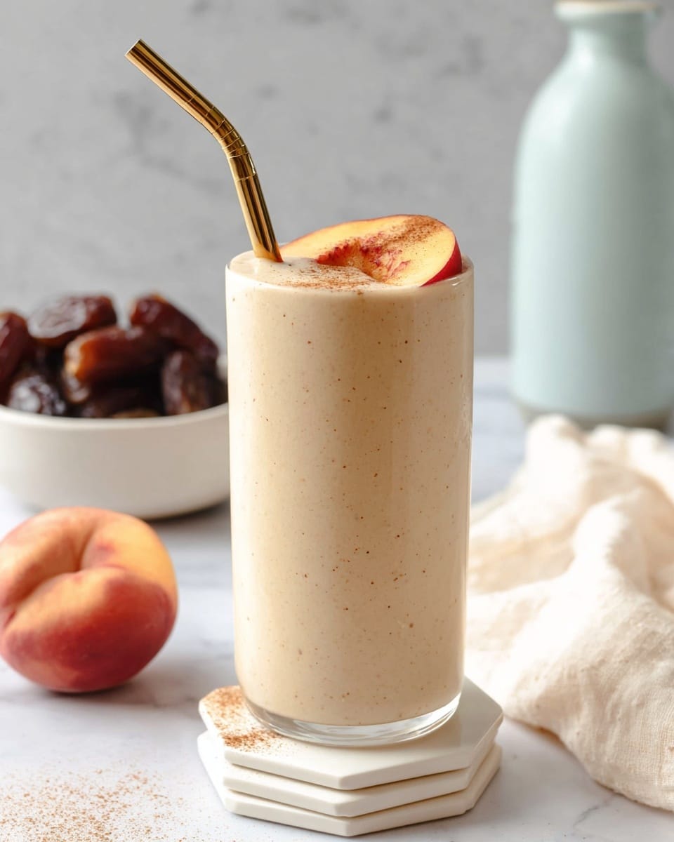 A tall, smooth, light beige smoothie is served in a clear glass, filled almost to the top with tiny specks visible throughout. Floating near the surface is a thin round slice of peach with a sprinkle of brown cinnamon-like powder on top. A shiny golden metal straw stands upright, leaning slightly to one side in the glass. The glass sits on two layered white hexagonal coasters placed on a white marbled surface. In the blurry background, a white bowl of dark brown dates, a peach, and a pale blue bottle are visible, with a soft white cloth draped nearby. The scene has soft, natural lighting. photo taken with an iphone --ar 4:5 --v 7