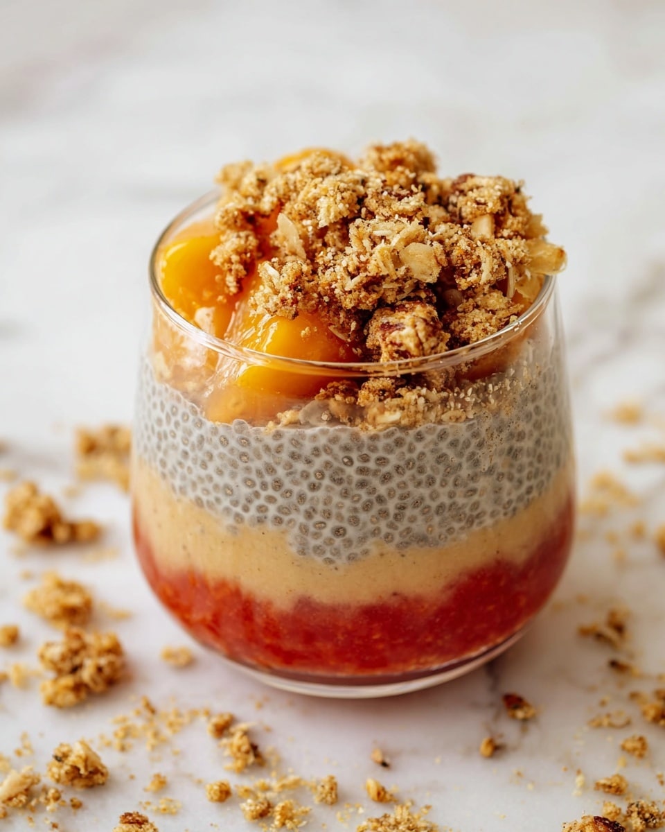 A clear round glass holds a layered dessert with three main parts: the bottom layer is a thin red fruit sauce, the middle layer is a thick creamy beige chia pudding with visible black chia seeds all around, and the top layer is a mix of orange fruit pieces and golden brown crumbly granola scattered unevenly. The glass is placed on a white marbled surface with some granola crumbs around. photo taken with an iphone --ar 4:5 --v 7