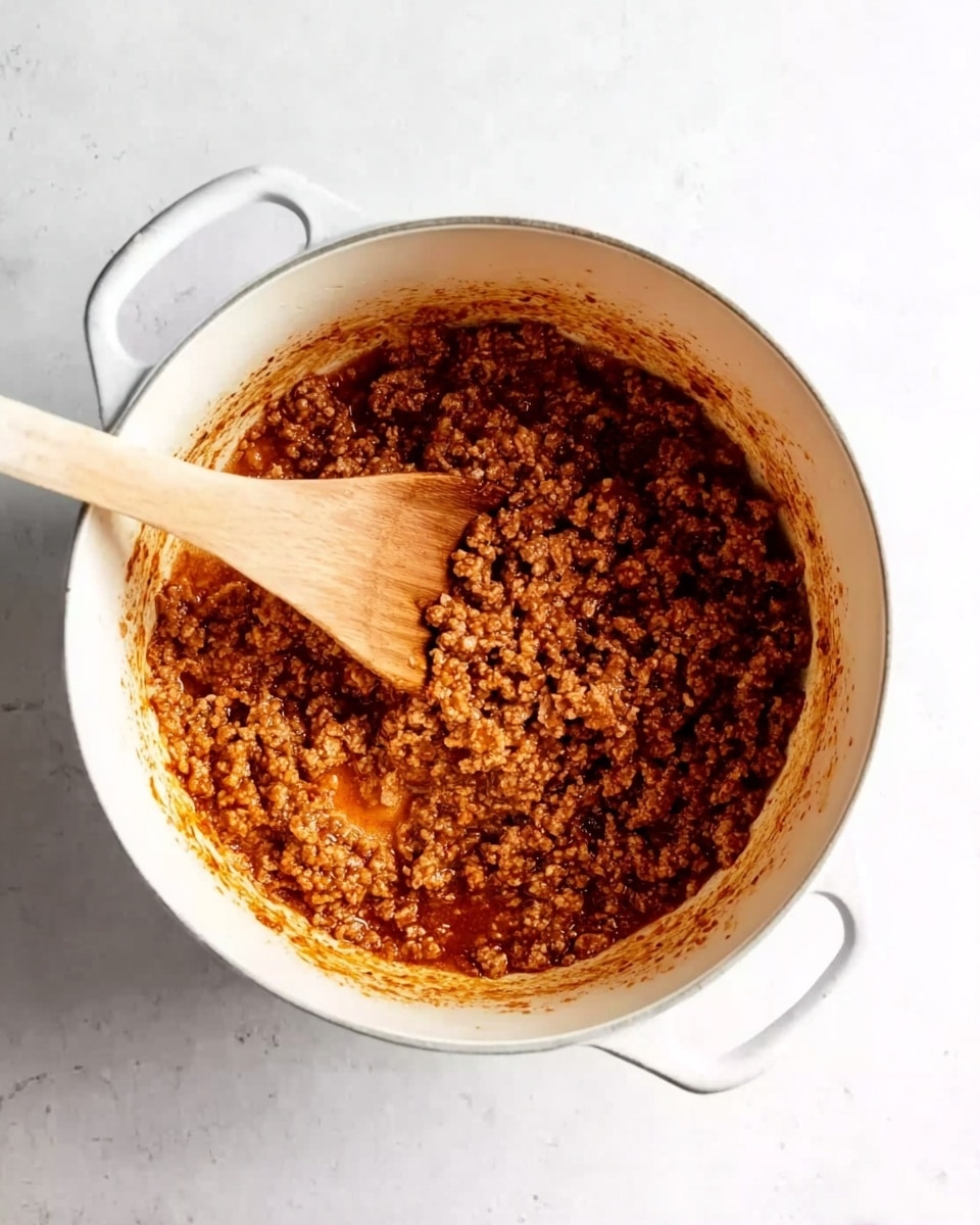 The image shows a white enamel pot filled with cooked minced meat mixed with a reddish-brown sauce, indicating a rich and thick texture. A wooden spoon rests inside the pot on the left side, partially covered by the meat mixture. The pot is placed on a white marbled surface that adds a clean and bright background to the scene. The meat looks well seasoned and juicy with small bits visible throughout the mixture. Photo taken with an iphone --ar 4:5 --v 7
