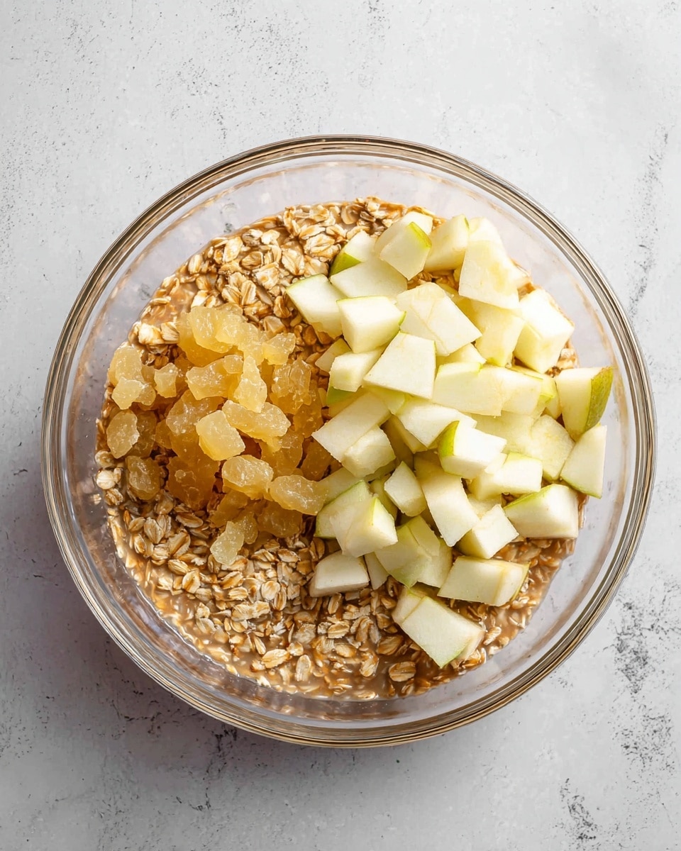A clear glass bowl is filled with a mixture of three layers: at the bottom, there is a light brown, slightly thick liquid with visible whole oats spread evenly; on the right side of the bowl's top, a pile of small, white and green pear chunks sits neatly; to the left of the pears, a portion of pale yellow and translucent candied ginger pieces is placed closely together. The bowl is set on a white marbled surface. photo taken with an iphone --ar 4:5 --v 7