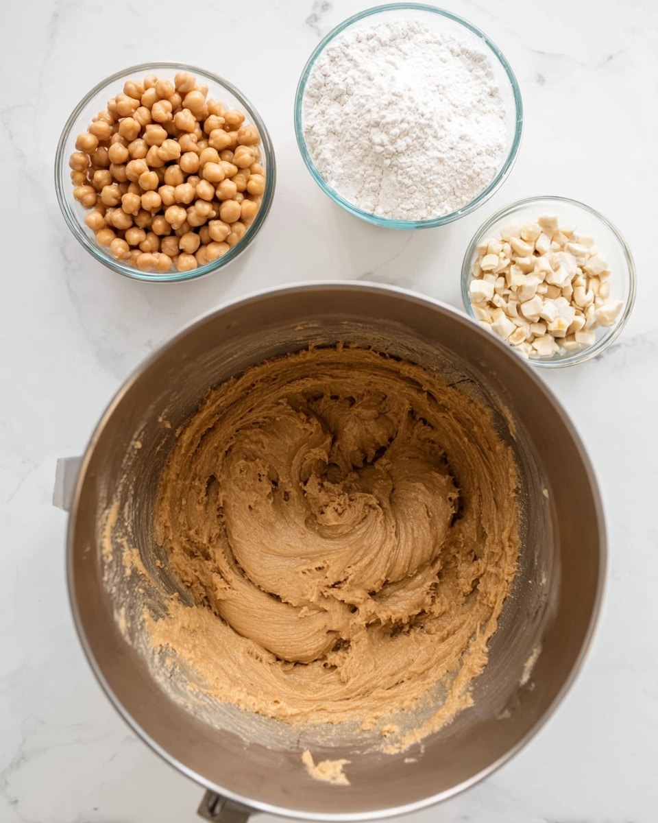 A large steel mixing bowl sits on a white marbled surface, filled with a light brown, thick paste with a smooth, creamy texture and swirled patterns inside. Above it, there are three small transparent glass containers: the left one holds round, light brown chickpeas, the middle one contains broken pieces of pale nuts, and the right one has white flour with a slight mound in the center. The scene is bright and clean. photo taken with an iphone --ar 4:5 --v 7