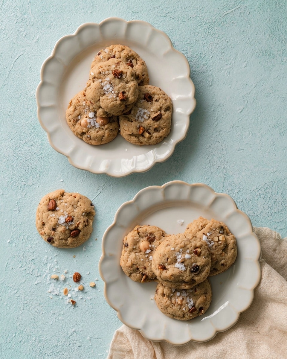 The image shows two white scalloped plates on a light blue textured surface, each plate holding three round cookies with a slightly rough texture. The cookies are light brown with visible parts of nuts and chocolate chips embedded. On top of the cookies, there are sprinkled coarse salt flakes. Off the plates, there are two more cookies of the same style lying directly on the blue surface. A soft beige cloth is placed near the bottom right corner, partially in the frame. The scene has soft natural lighting that emphasizes the texture of the cookies and the salt crystals. photo taken with an iphone --ar 4:5 --v 7