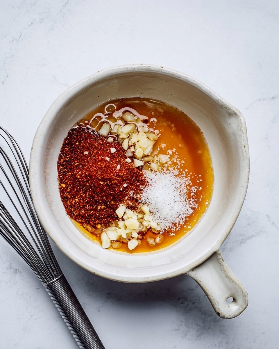 A white bowl with a handle filled with a few layers of ingredients seen from above, including a thin shiny amber layer of liquid honey on the right side, a pile of finely chopped white garlic pieces near the bottom left, a mound of deep red chili powder with visible darker seeds and flakes on the top left, and a light sprinkling of white salt in the center. The bowl is placed on a white marbled surface with a small silver whisk lying next to it on the left. photo taken with an iphone --ar 4:5 --v 7