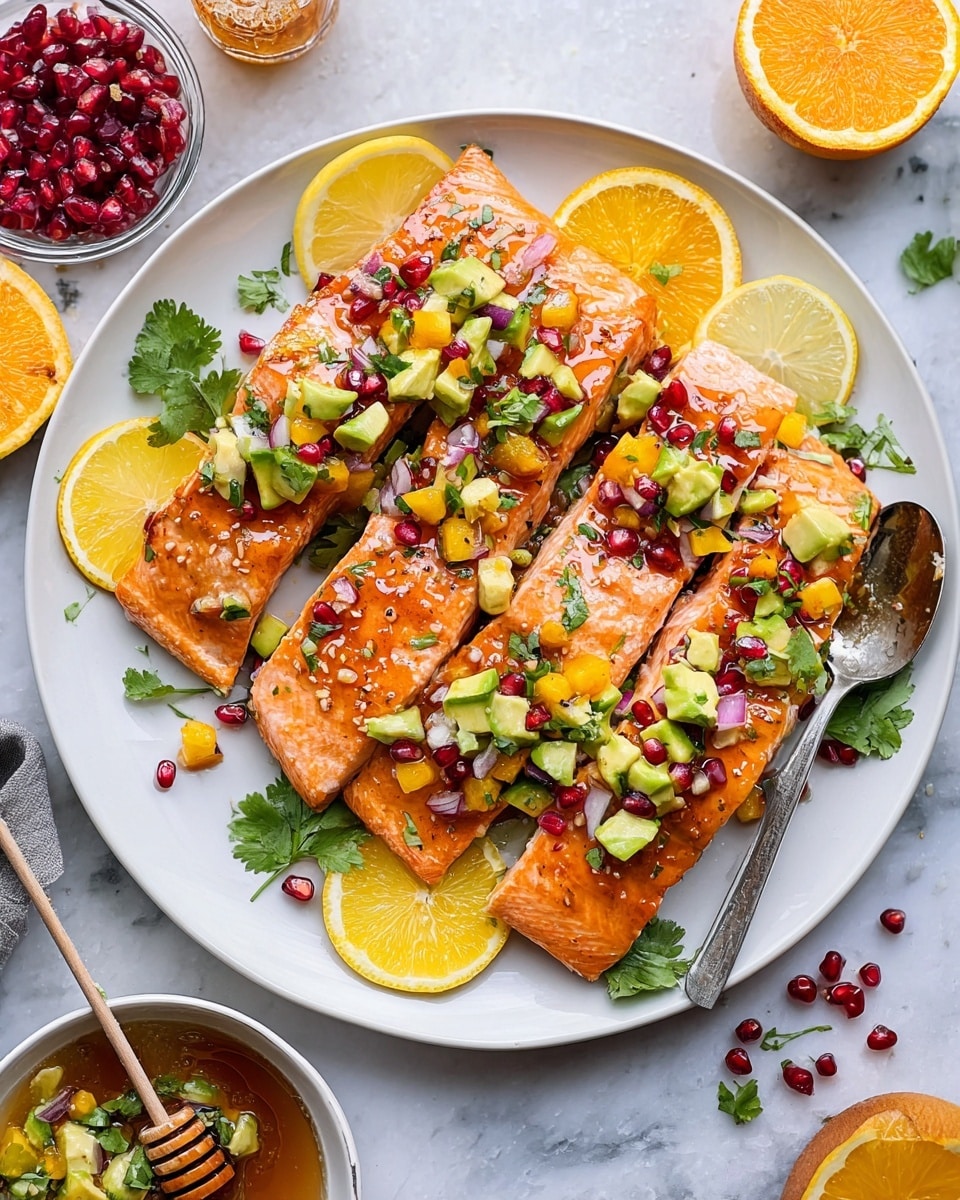 Five rectangular pieces of cooked salmon with a shiny orange glaze are arranged on a white plate on a white marbled surface. Each salmon piece is topped with a colorful salsa made of diced avocado, orange and yellow citrus pieces, small red onion bits, green herbs, and bright red pomegranate seeds. Some fresh cilantro leaves and lemon slices are placed around the salmon on the plate. On the plate's lower left side, there is a small bowl filled with the same salsa, with a spoon inside. Around the plate, there are halved oranges, lemon wedges, a bowl with honey and a honey dipper, and a small dish with pomegranate seeds. photo taken with an iphone --ar 4:5 --v 7