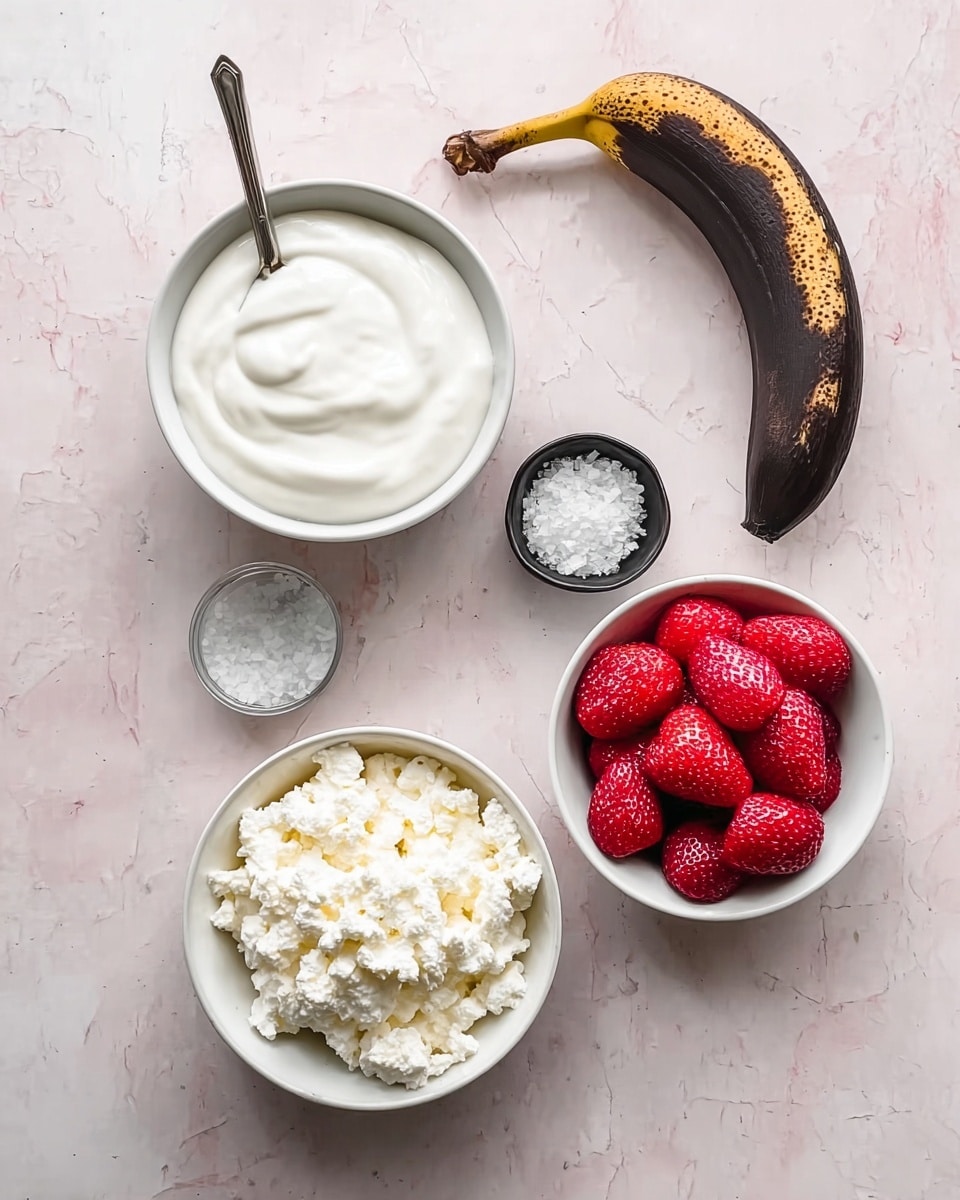 The image shows five items arranged on a white marbled surface: a white bowl filled with smooth, thick white yogurt with a silver spoon inside, positioned on the top left; a white bowl filled with creamy cottage cheese with small curds, placed at the bottom right; a small black bowl containing coarse salt crystals located near the center; a white bowl filled with bright red strawberries, whole and fresh, sitting on the right-center; and a badly ripened black banana lying above the strawberry bowl. photo taken with an iphone --ar 4:5 --v 7