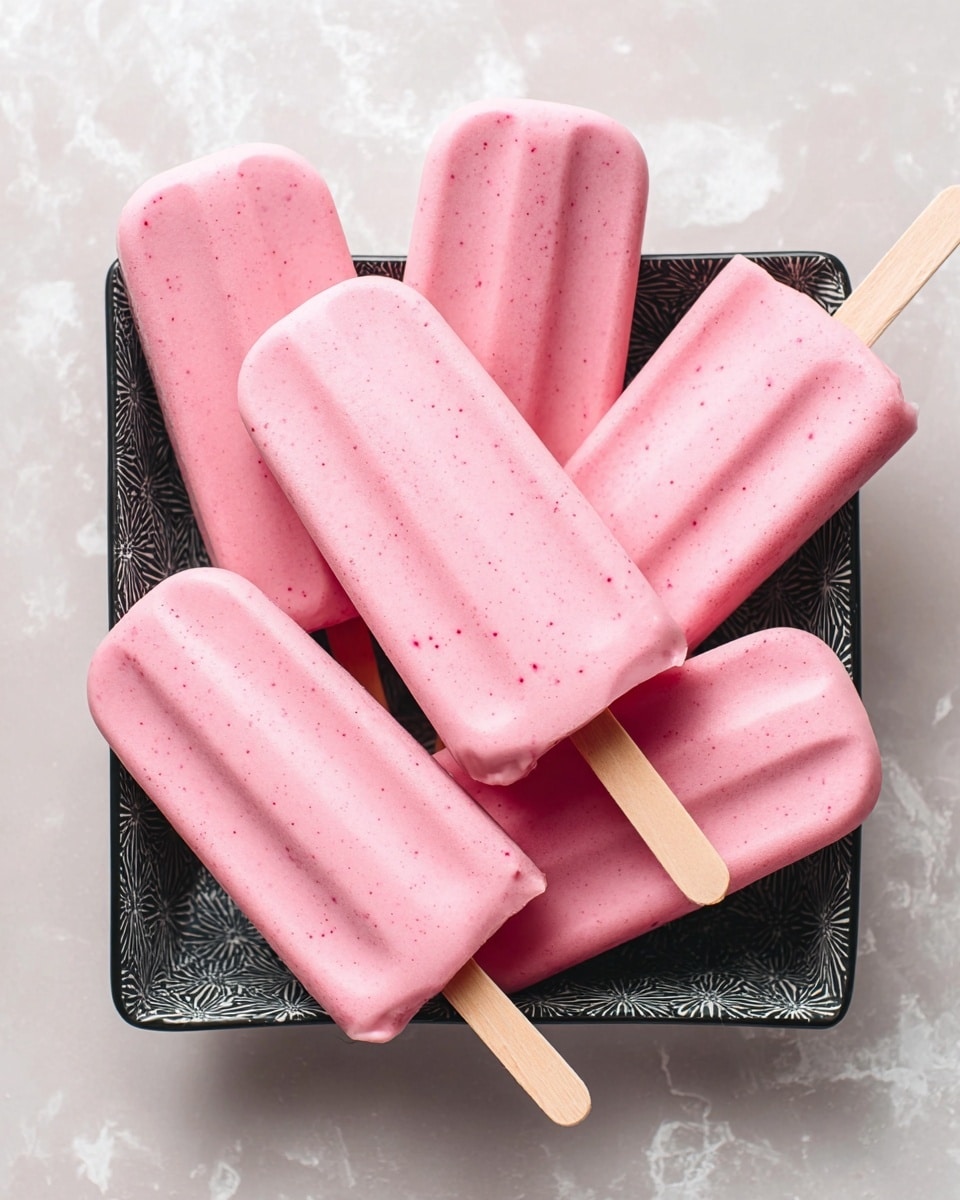There are eight pink popsicles in a black patterned square bowl placed on a white marbled surface. The popsicles have a smooth texture with tiny darker pink spots and are arranged in a slightly messy pile with wooden sticks facing outward in different directions. The overall color is bright pink, and the shape is rounded rectangles with a flat top and bottom. photo taken with an iphone --ar 4:5 --v 7