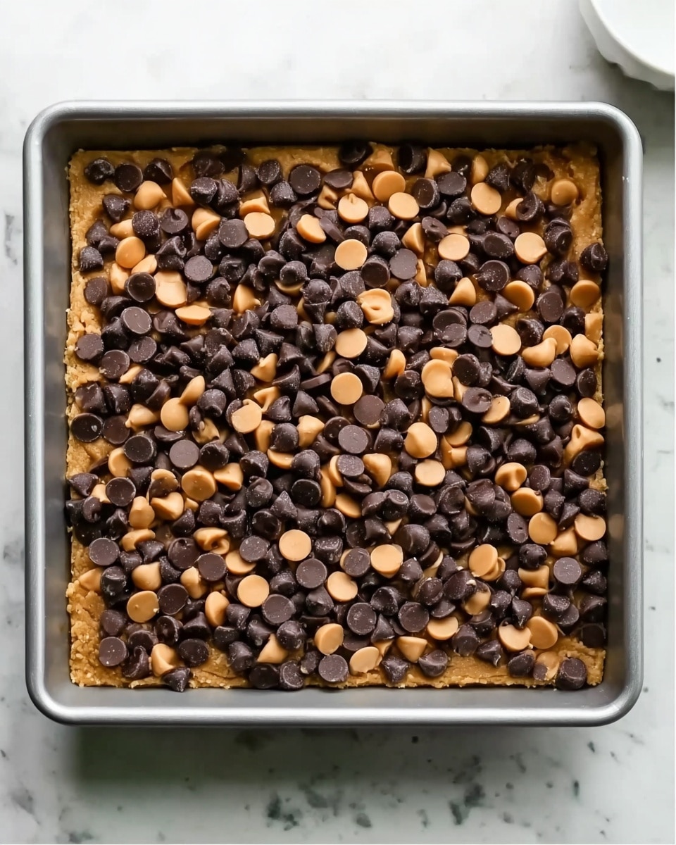 A square baking pan filled with a layer of golden brown cookie dough base. On top, there is an even spread of dark chocolate chips mixed with light brown peanut butter chips scattered all over. The pan is placed on a white marbled surface, with a small white bowl visible near the top edge of the image. The texture of the chips is smooth and glossy, contrasting with the grainy, slightly rough dough beneath. photo taken with an iphone --ar 4:5 --v 7