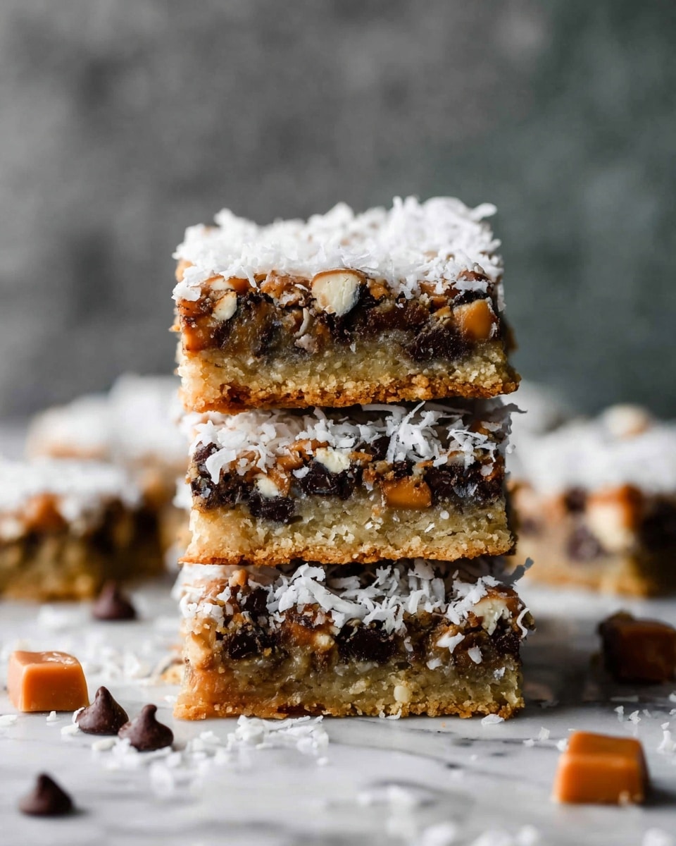 The image shows a stack of four dessert bars on a white marbled surface, each bar having three clear layers. The bottom layer is a golden, crumbly crust, the middle layer is a rich mix of dark chocolate chunks and butterscotch chips with a chewy texture, and the top layer is covered in white shredded coconut, giving a snowy and rough texture. Some pieces of butterscotch and chocolate chips are scattered around the stack, adding warm orange and dark brown spots to the scene. The background is blurred with a gray tone to keep the focus on the bars. photo taken with an iphone --ar 4:5 --v 7