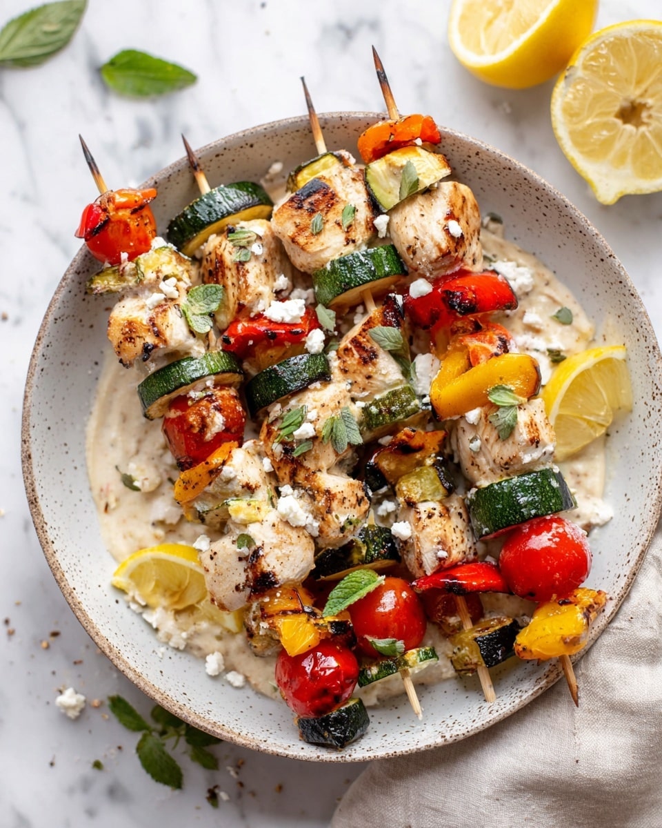 The image shows four skewers arranged on a speckled white bowl filled with a creamy beige sauce. Each skewer holds several pieces of light brown, grilled chicken chunks layered with charred green zucchini squares, red and yellow cherry tomatoes, and small pieces of roasted red bell pepper. Crumbled white cheese is sprinkled over the skewers along with fresh green herb leaves. There are also two lemon wedges in the bowl, adding bright yellow color. The bowl sits on a white marbled surface with a light beige cloth nearby. Photo taken with an iphone --ar 4:5 --v 7