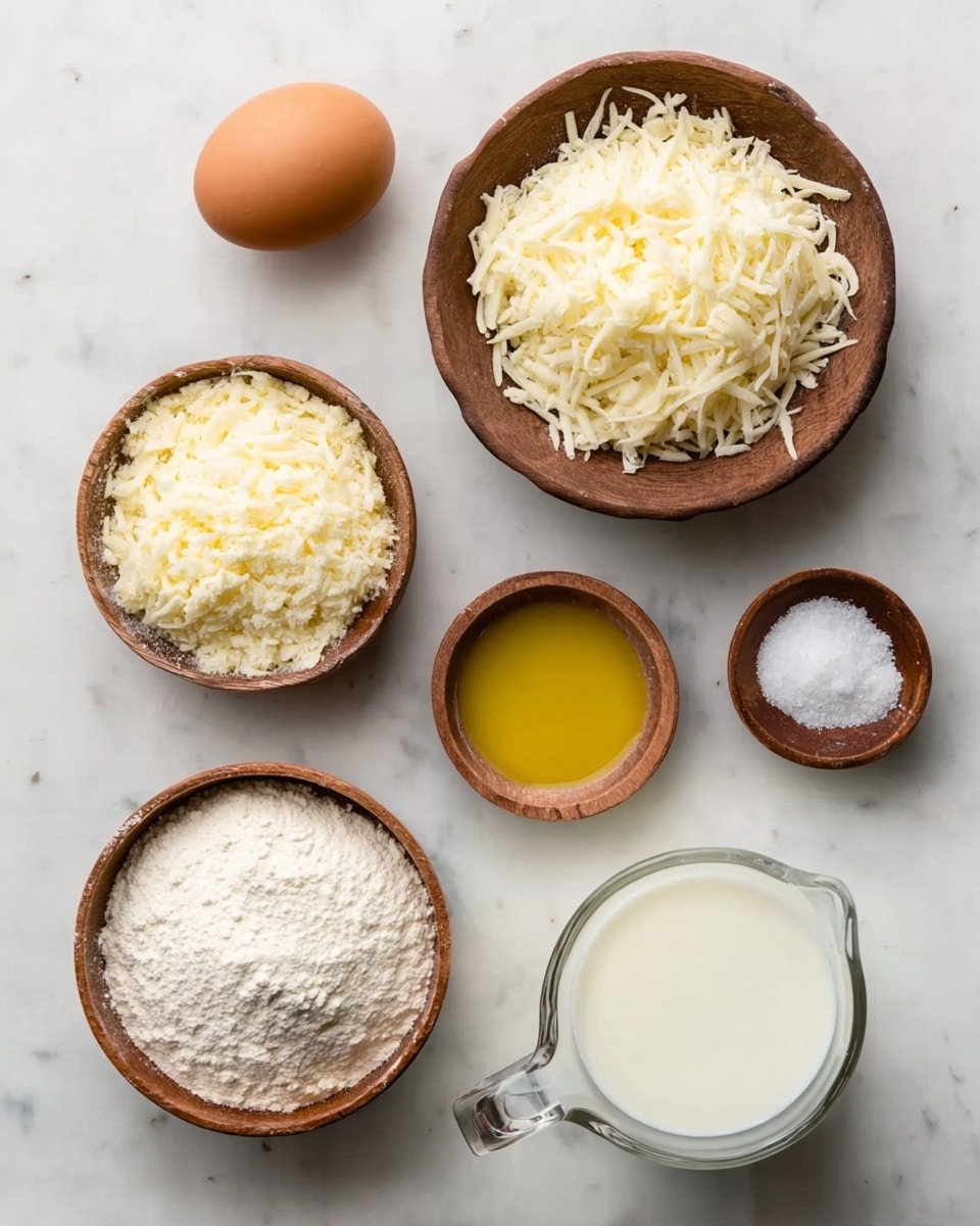 The image shows six food items arranged on a white marbled surface. There is one whole brown egg placed near the top left. Below it is a wooden bowl filled with shredded white cheese. To the right of this bowl is a smaller wooden bowl filled with finely grated white cheese. Next to it is an even smaller wooden bowl containing salt. Below the small salt bowl is a white bowl filled with yellow oil. Near the bottom left is a wooden bowl filled with white flour. To the right of this bowl is a clear glass measuring cup filled with white milk. The items are spaced out neatly. photo taken with an iphone --ar 4:5 --v 7