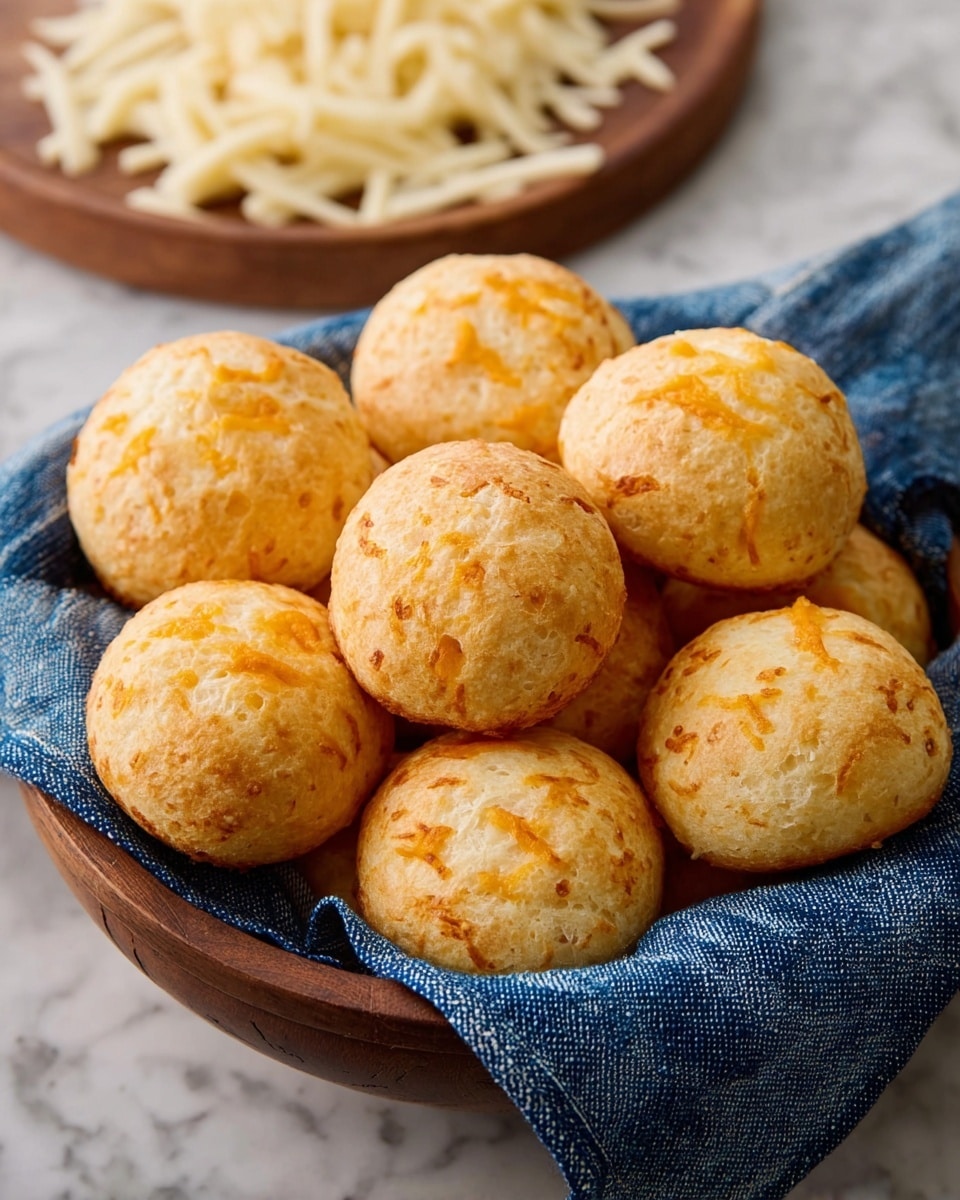 A wooden bowl lined with a blue cloth holds many round cheese bread rolls. The rolls have a golden, slightly cracked top with a chewy texture that shows little bits of melted cheese inside. In the blurred background, a wooden plate has shredded and sliced white cheese. The whole scene is set on a white marbled surface. photo taken with an iphone --ar 4:5 --v 7
