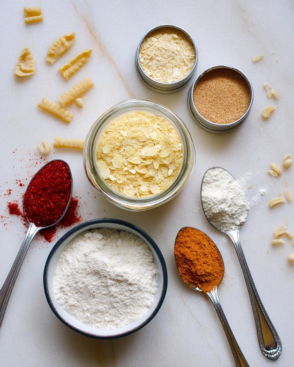 The image shows several small containers and spoons with different powdered ingredients on a white marbled surface. In the center is a glass jar filled with light yellow flakes. Above it, three small metal round containers hold pale beige powder, light brown granules, and bright red powder. Below the jar is a white bowl with a dark rim filled with fine white flour. To the right, three silver spoons each hold different powders: one with orange and brown spice powders, and two with white granulated powders. Scattered around the spoons and containers are small uncooked pasta pieces. Photo taken with an iphone --ar 4:5 --v 7