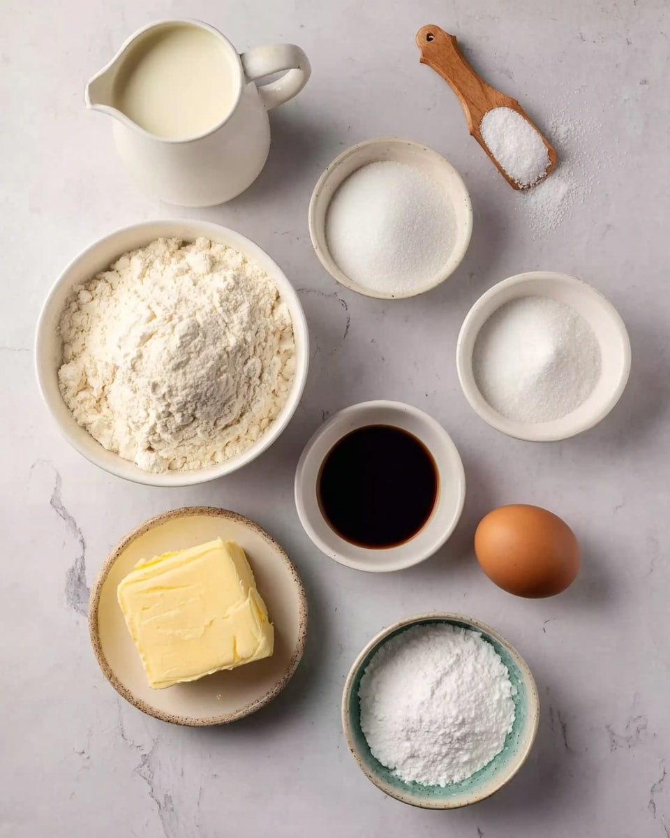 The image shows seven baking ingredients arranged on a white marbled surface. There is a white jug filled with milk placed at the top left. Below it, a white bowl is full of white flour with a soft texture on top. To the right, a white bowl holds fine white sugar with a smooth surface. Between the sugar and the milk is a small bowl with dark brown liquid, probably vanilla extract. To the right of the vanilla is a single brown egg. At the bottom left, a white bowl contains soft yellow butter. Finally, a small ceramic bowl at the bottom holds white powder, most likely baking soda or powder. There is also a small wooden spoon with white powder on it at the top center. The layout is simple and clean, focused on the ingredients themselves. Photo taken with an iphone --ar 4:5 --v 7