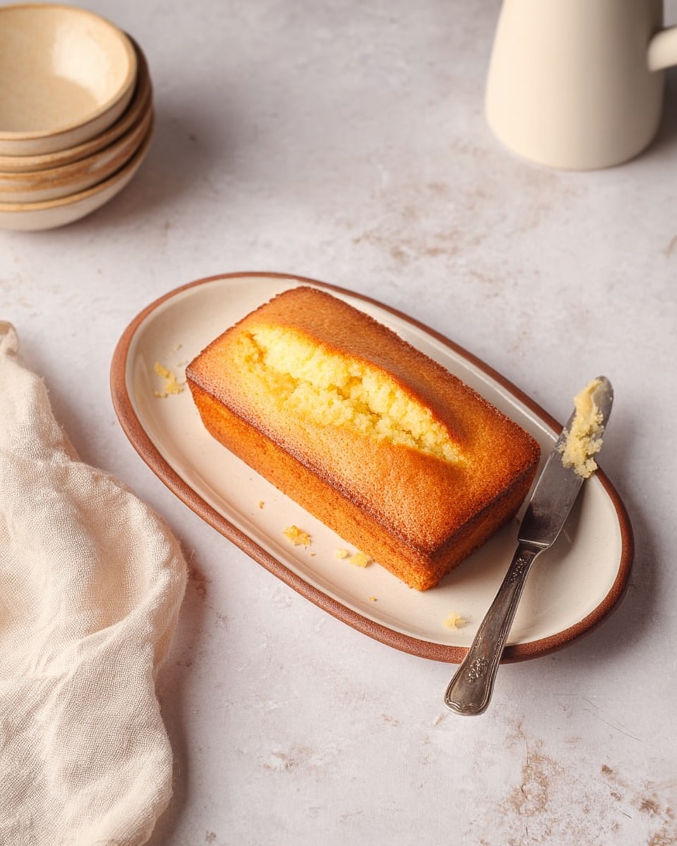 A small rectangular golden cake with a cracked top is placed on a white oval plate with a brown rim, showing a soft and slightly crumbly texture inside the crack. Next to the plate, there is a vintage butter knife with a silver blade and a worn metal handle. Around the plate, the surface is a white marbled texture, and a light cloth is casually folded on the bottom left side. In the top left corner, a white jug and stacked beige bowls add soft touches to the setting. photo taken with an iphone --ar 4:5 --v 7