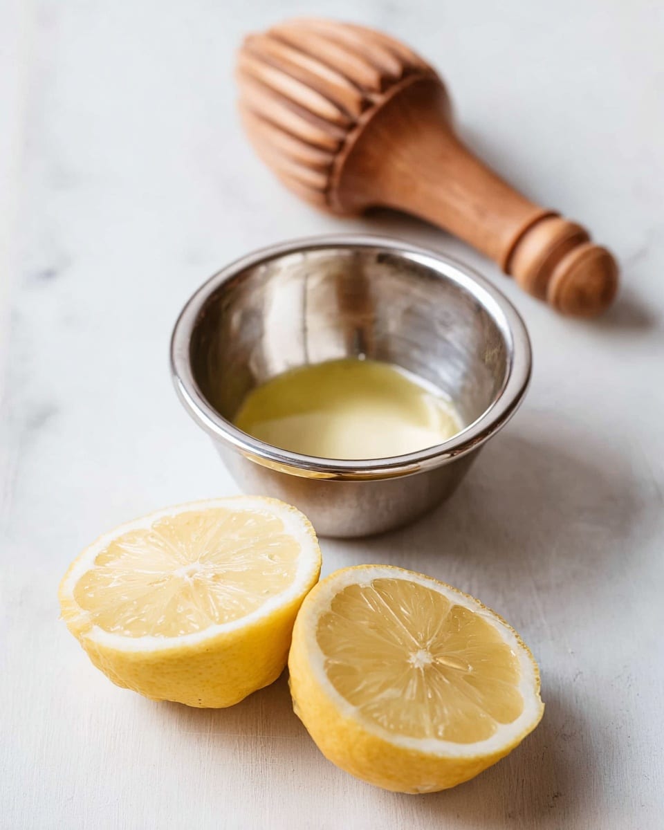 The image shows a close view of a small stainless steel bowl with a shallow layer of light yellow lemon juice inside. In front of the bowl are two lemon halves with a bright yellow color and textured, juicy interiors. Behind the bowl, there is a wooden lemon squeezer with a rounded handle and ridged cone tip. All items are placed on a white marbled surface that adds a soft, clean background to the setup. The photo taken with an iphone --ar 4:5 --v 7