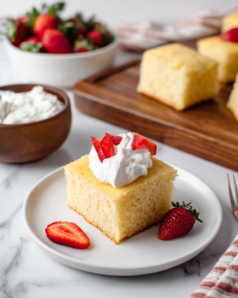 A square piece of light yellow cake sits in the center of a white plate, topped with a dollop of white whipped cream and several small slices of bright red strawberry, with a few strawberry pieces scattered on the plate around it. In the background, there are more squares of the same cake on a wooden board. To the left, a small brown bowl holds more whipped cream, and behind it is a white bowl filled with whole strawberries. The scene is set on a white marbled surface. Photo taken with an iphone --ar 4:5 --v 7