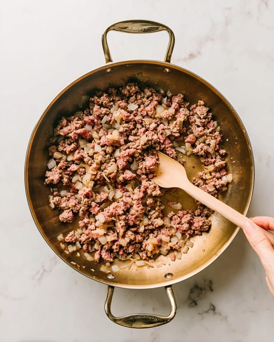 A round metal pan with two handles contains cooked ground meat and small diced onions, both browned and mixed evenly across the surface. A woman’s hand holds a wooden spoon resting inside the pan, stirring the mixture. The pan is placed on a white marbled surface. The cooked ingredients show a mix of light brown and pinkish hues from the meat with translucent bits of onion scattered throughout photo taken with an iphone --ar 4:5 --v 7