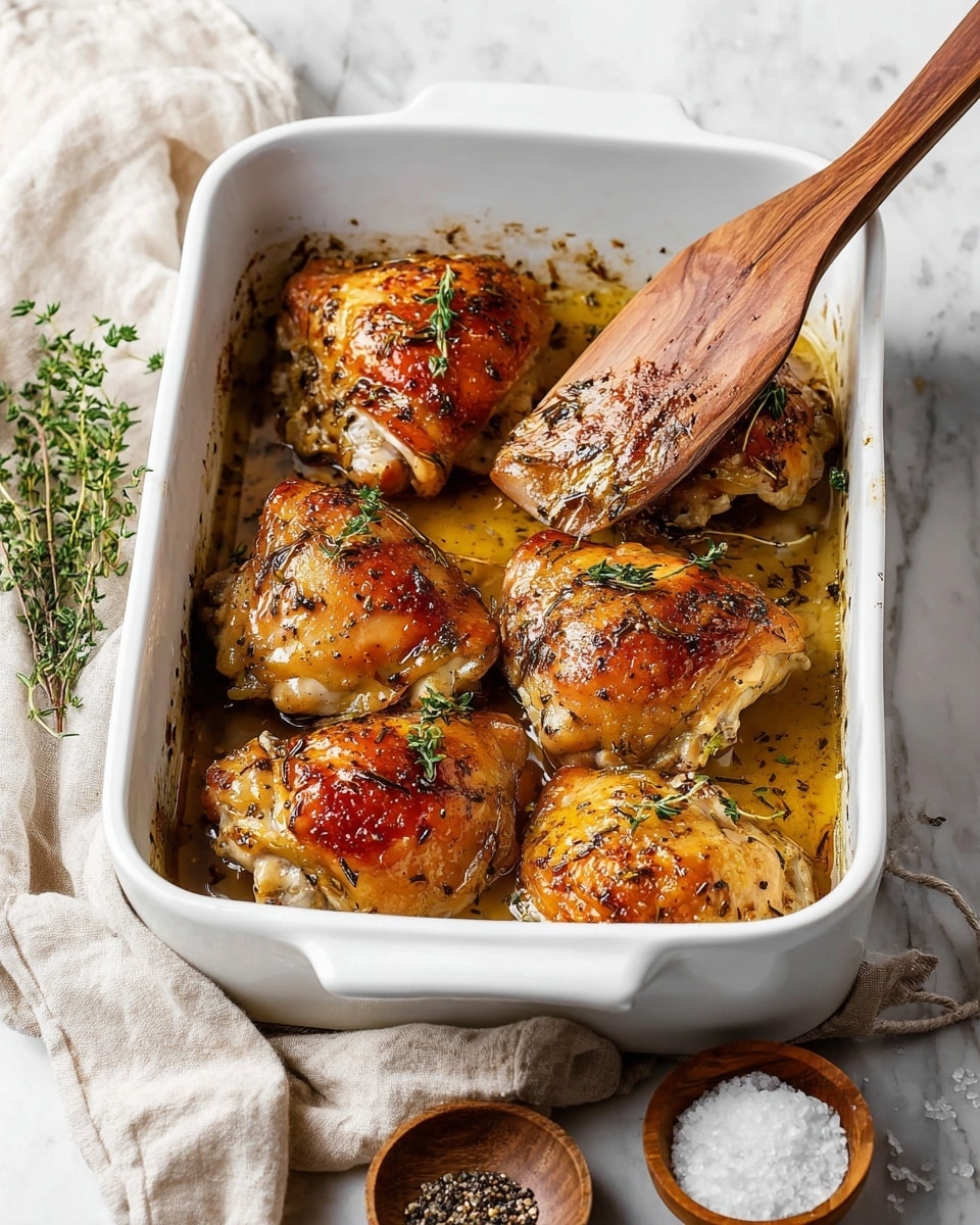 A white baking dish holds six golden brown roasted chicken thighs with crispy, slightly glossy skin seasoned with herbs and black pepper. A wooden spatula lifts one piece, showing the tender underside of the chicken. Small green herb sprigs decorate the surface of each thigh, and the dish contains a shallow layer of rich, herb-infused cooking juices. The dish sits on a white marbled surface with a beige cloth napkin nearby and small bowls of salt and cracked black pepper in the foreground. Photo taken with an iphone --ar 4:5 --v 7