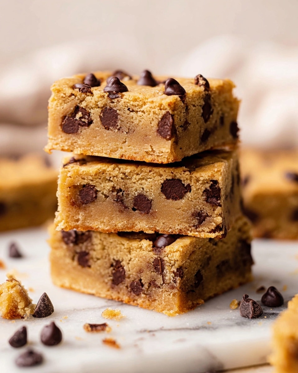 Three square chocolate chip cookie bars are stacked on top of each other on a white marbled surface. Each bar is golden brown with a soft, dense texture visible, filled with semi-sweet chocolate chips inside and more chocolate chips studded on the top. Crumbs and a few loose chocolate chips are scattered around the bars, creating a casual and inviting look. The background is softly blurred with a light cream color. photo taken with an iphone --ar 4:5 --v 7