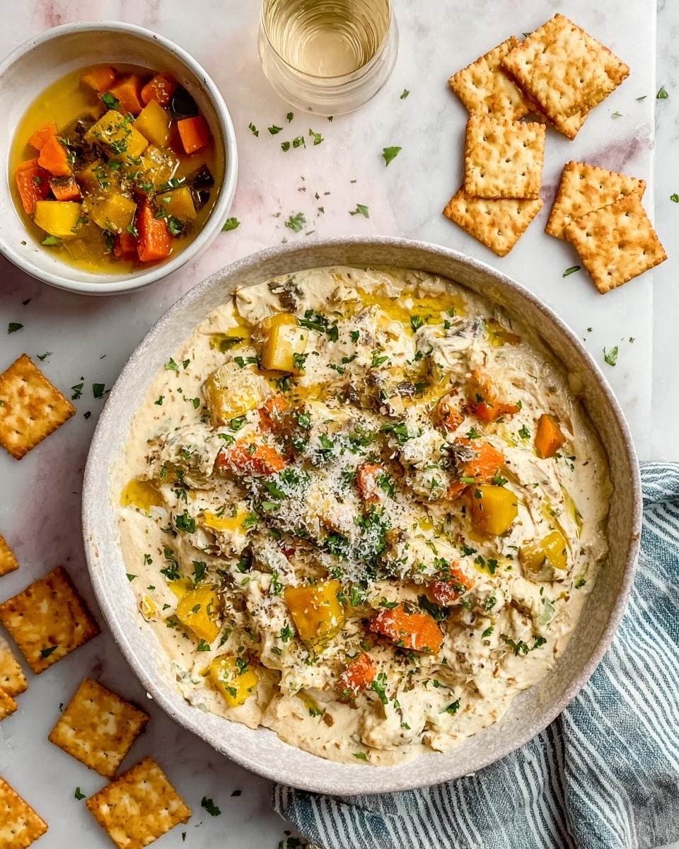 The image shows a large white bowl filled with creamy dip that has visible chunks of yellow and orange roasted vegetables, topped with finely chopped green herbs and white grated cheese. There is a smaller white bowl above it filled with some of the same roasted vegetables in a liquid. Around both bowls, square salted crackers are scattered on a white marbled surface. A striped cloth napkin is placed near the large bowl. The scene is bright and inviting, with a mix of creamy, fresh, and crunchy textures visible. photo taken with an iphone --ar 4:5 --v 7