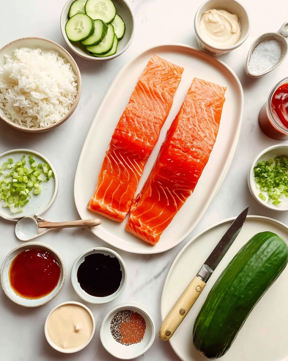 The image shows two large, fresh salmon fillets placed side by side on a white oval plate, their bright orange flesh with white streaks clearly visible. Nearby, a white plate holds a whole cucumber, a partially peeled cucumber, and several cucumber slices, with a knife featuring a wooden handle resting beside them. Around these main items are small white bowls and spoons containing various ingredients: finely chopped green onions, white rice, a creamy light sauce, a red sauce, dark soy sauce, and light brown sauce, along with loose seasonings including salt and black pepper. The entire setup rests on a white marbled surface, creating a clean and fresh cooking scene. Photo taken with an iphone --ar 4:5 --v 7