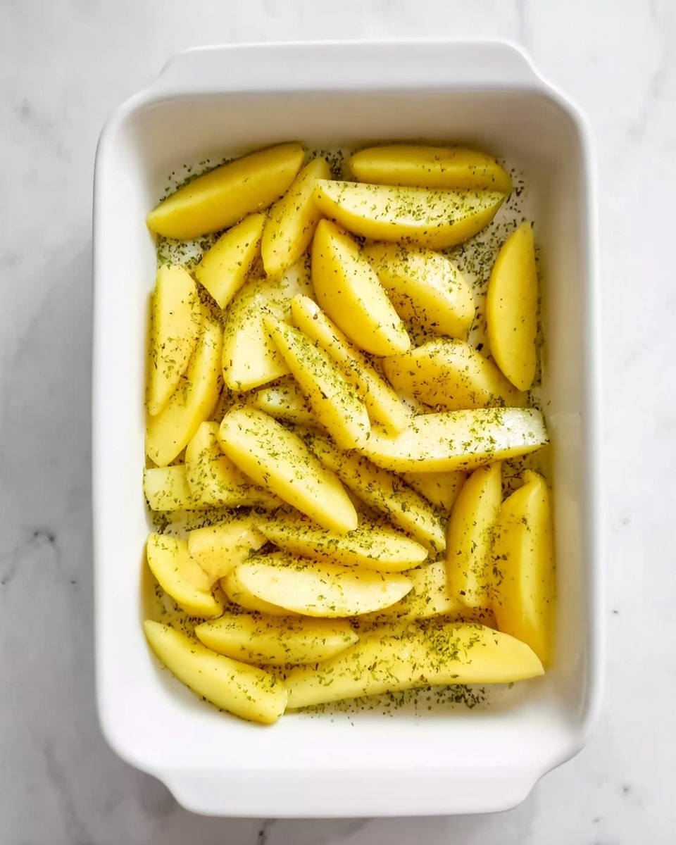 A white rectangular dish filled with one layer of yellow potato wedges evenly spread out. The wedges are sprinkled with small green herb flakes and black pepper, giving texture and contrast on the smooth potato surfaces. The dish sits on a white marbled surface, adding a clean background. photo taken with an iphone --ar 4:5 --v 7
