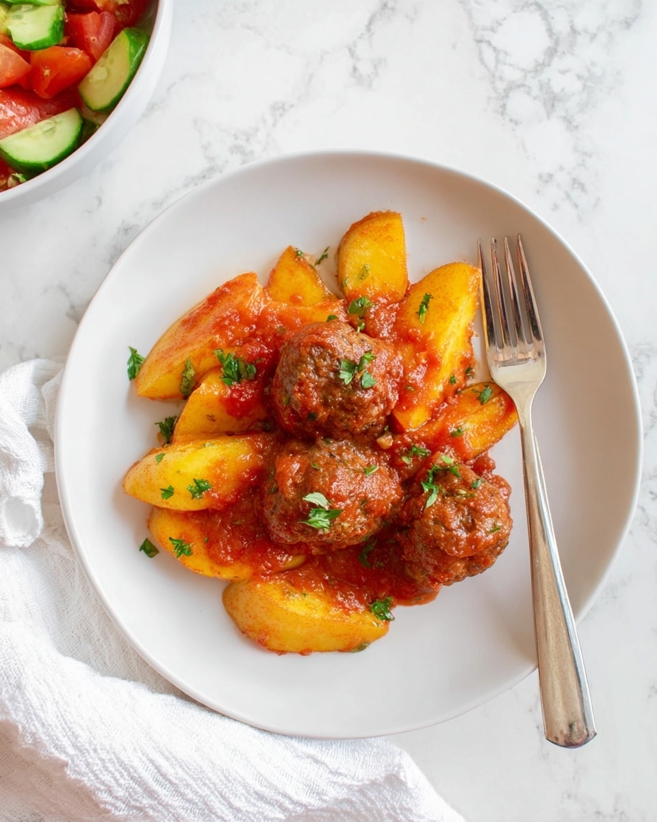 The dish shows a white round plate with a serving of three brown meatballs covered in red sauce, placed on top of several chunky, yellow-orange potato wedges also coated in the same sauce. Small green herb pieces are sprinkled on the meatballs and potatoes. A silver fork rests on the right side of the plate. The plate sits on a white marbled surface with part of a white cloth napkin visible in the lower-left corner. In the upper-left corner, a faint view of a white bowl with a cucumber and tomato salad is partially visible. photo taken with an iphone --ar 4:5 --v 7