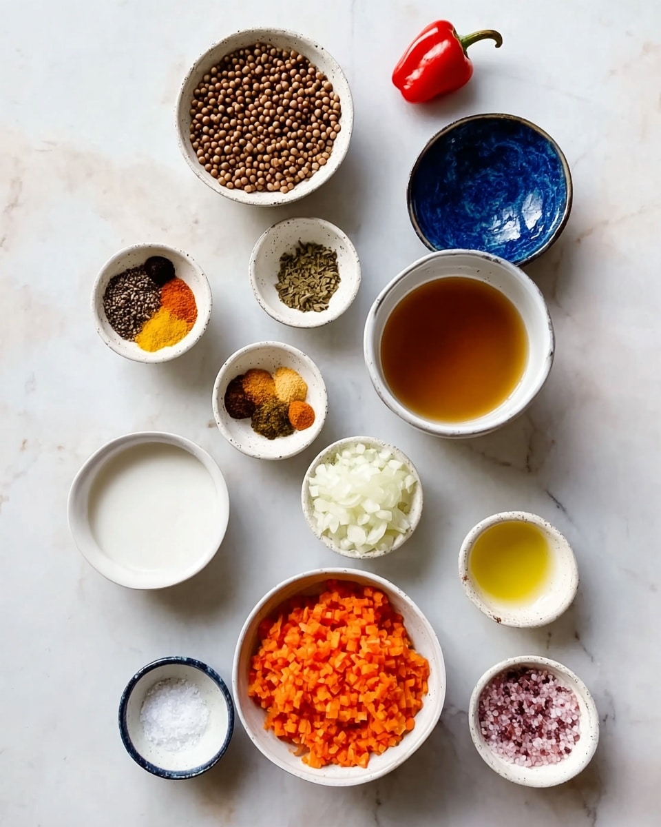 The image shows a top view of eleven small white bowls placed on a white marbled surface. The bowls contain different cooking ingredients arranged in a neat grid. One bowl holds small brown round seeds. Another bowl contains a deep blue inner surface and is empty. A white bowl close to the center holds four piles of spices with shades of brown, yellow, and orange. Another large white bowl contains a light brown liquid, and a smaller white bowl holds a thick white liquid. There is a bowl filled with finely chopped orange carrots and another with chopped white onions. Two small bowls contain minced garlic and a yellow condiment. The last white bowl contains coarse salt, and next to it is a smaller bowl with dark and pink coarse granules. A single bright red pepper lies near the top. photo taken with an iphone --ar 4:5 --v 7