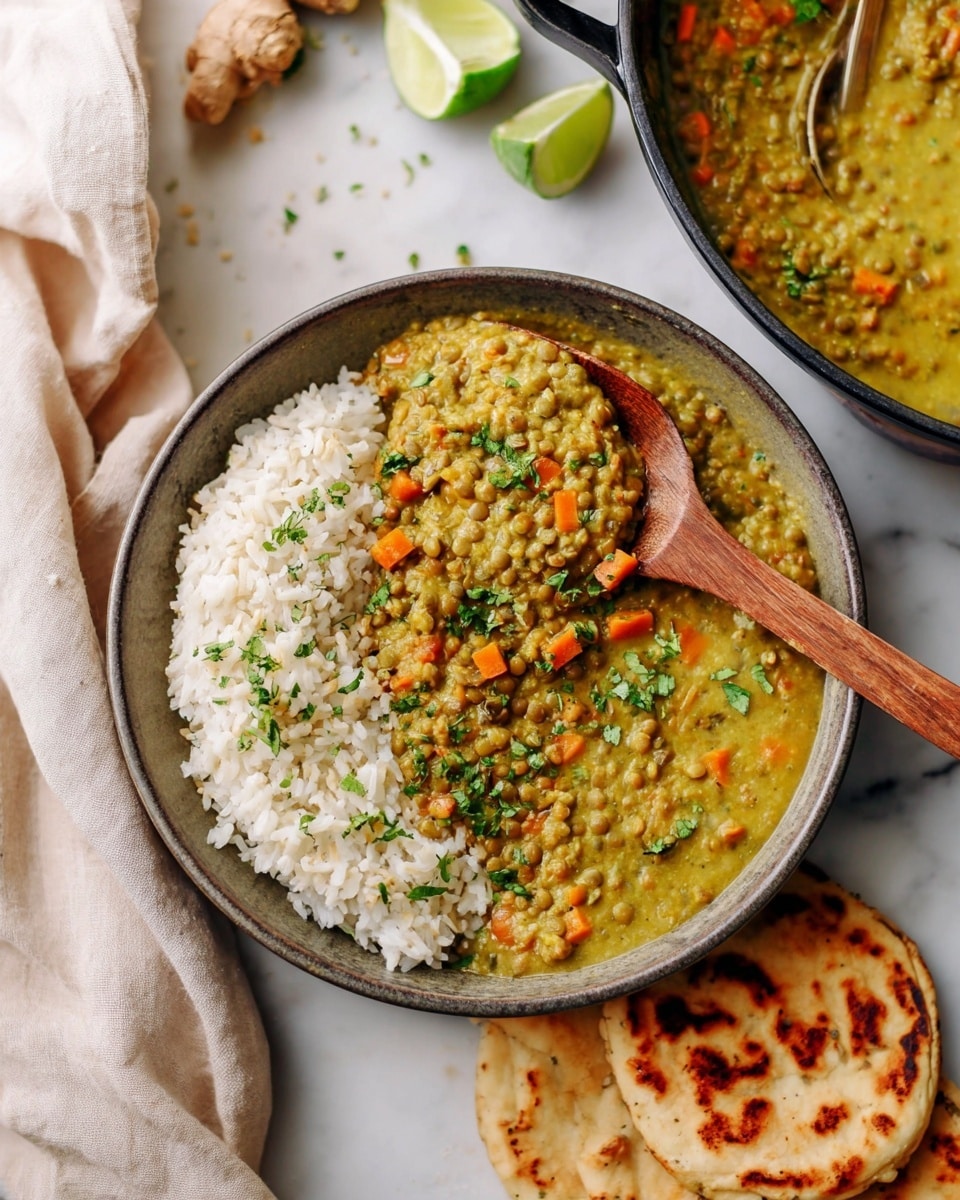 A bowl filled with two main layers sits on a white marbled surface: a mound of white rice on one side sprinkled with green herbs, and a thick, yellow-green lentil curry with visible green lentils and small orange carrot pieces covering the rest of the bowl, garnished with fresh green herbs. A wooden spoon scoops some curry, resting partly inside the bowl. Next to the bowl are two round, flat white breads with toasted brown spots. In the background, a pan holding more of the lentil curry is slightly visible, and a lime wedge and a piece of ginger lie nearby. A soft beige cloth is placed to the left side of the bowl. photo taken with an iphone --ar 4:5 --v 7