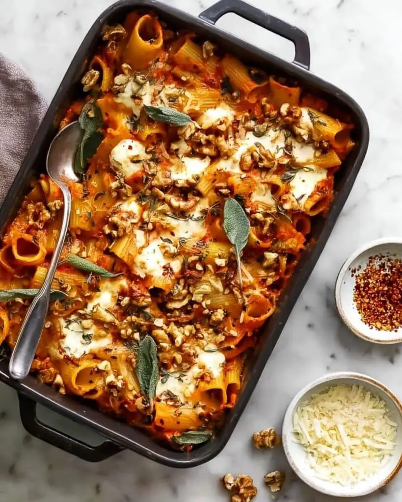 Pumpkin Tomato Pasta Bake with Walnut-Sage Topping Recipe