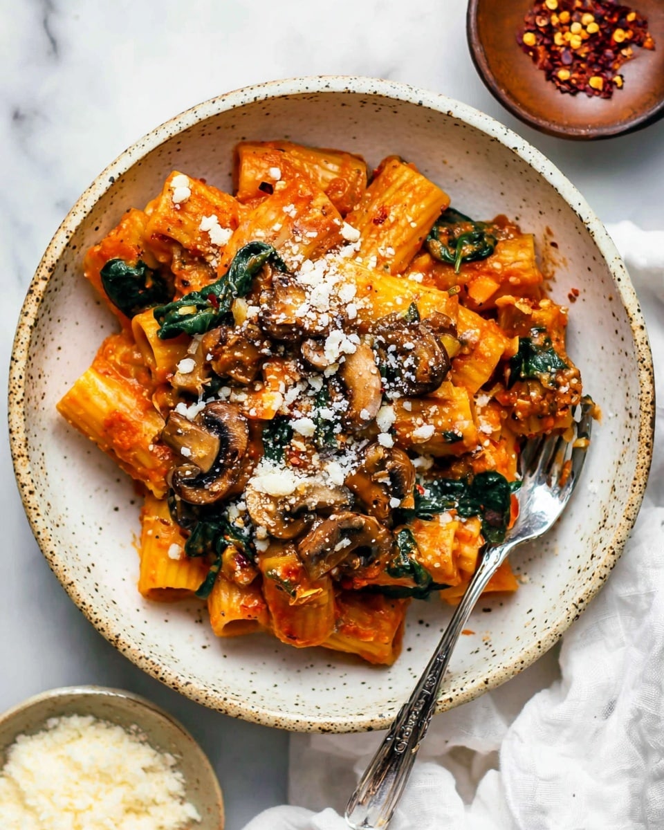 A white speckled bowl holds a layered pasta dish, with rigatoni pasta pieces covered in a rich orange-red sauce. On top, there are sautéed brown mushrooms and wilted dark green spinach leaves scattered through the pasta. The dish is sprinkled with white grated cheese and some red chili flakes. A silver fork rests at the edge, slightly holding a few pasta pieces. The bowl is set on a white marbled surface with a small bowl of grated cheese and a white cloth nearby. photo taken with an iphone --ar 4:5 --v 7