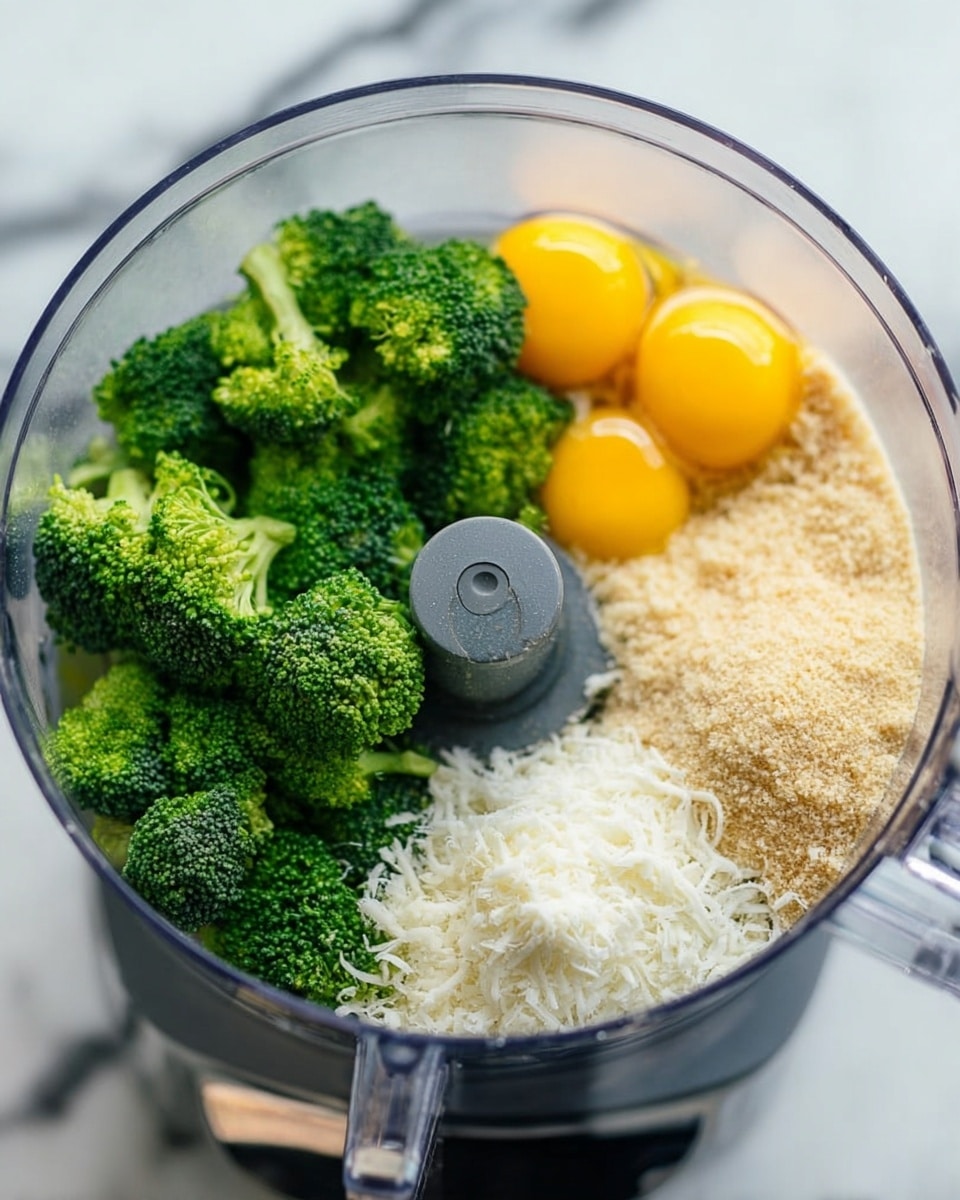 The image shows a clear food processor bowl filled with fresh broccoli florets on one side, two bright yellow egg yolks positioned next to a pile of finely grated white cheese on the other side. Below the broccoli and cheese, there is a layer of light brown breadcrumbs and some white salt. The processor bowl is placed on a white marbled surface, with some parts of the processor base visible. Photo taken with an iphone --ar 4:5 --v 7