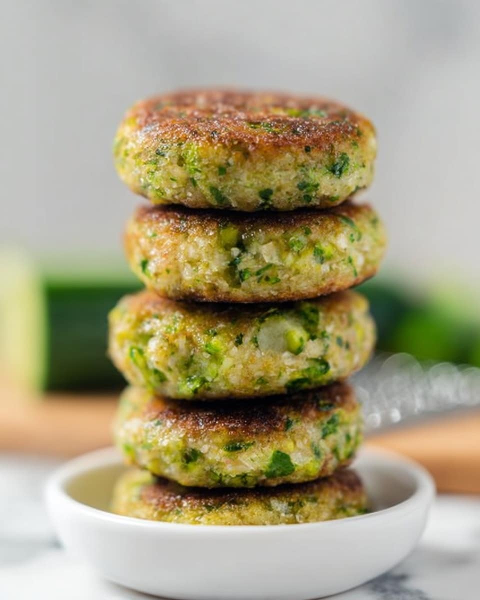 A stack of five round green patties with a slightly crispy brown edge, each patty showing small pieces of green herbs and vegetables mixed throughout their soft texture. The patties are placed one on top of another in the center of a small white bowl. In the background, there is a blurred grater and a green vegetable against a white marbled surface. The light highlights the moist texture and the fresh green colors of the patties. Photo taken with an iphone --ar 4:5 --v 7