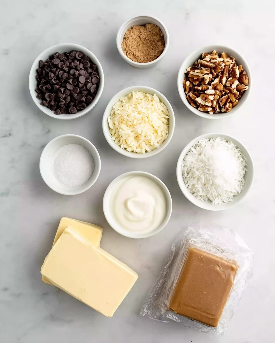 The image shows seven small white bowls and two rectangular blocks of butter placed on a white marbled surface. The bowls hold different ingredients: one with dark chocolate chips, one with white or caramel-colored chips, one with chopped nuts, one with shredded coconut, one with sugar, and one with thick cream. The two butter blocks are placed together near the bowls, and a wrapped block of brown sugar is also placed nearby. The arrangement is neat with the different colors and textures clearly visible, showing a mix of smooth, rough, and granular shapes. photo taken with an iphone --ar 4:5 --v 7