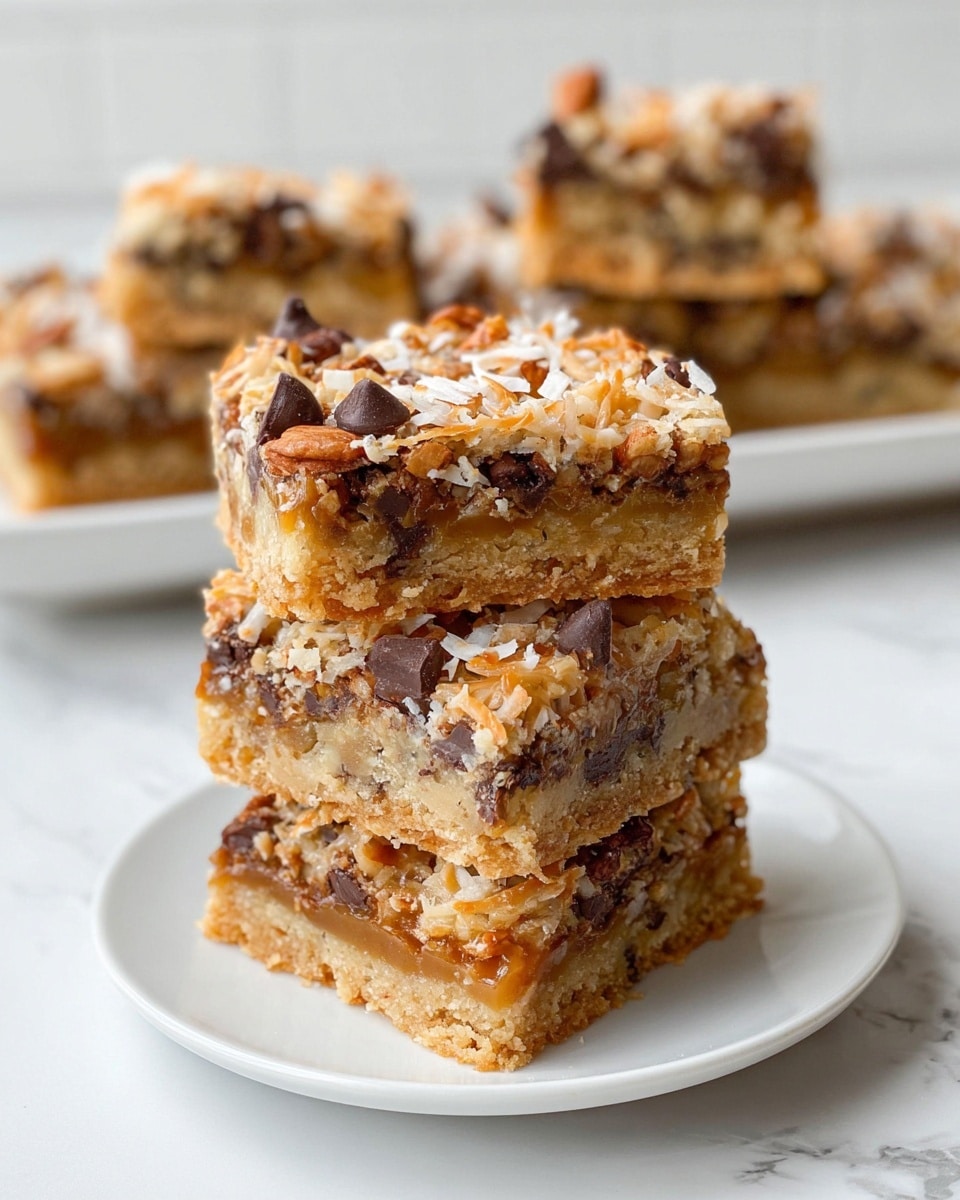 The image shows a stack of four square bars with three clear layers on a white plate on a white marbled surface. The bottom layer is light brown and crumbly, appearing like a cookie or crust base. The middle layer is a caramel-colored filling with visible chunks of nuts and chocolate pieces. The top layer is a mix of toasted shredded coconut, chocolate chips, and nuts, giving a textured and slightly crispy look with a combination of cream, brown, and dark chocolate colors. In the background, there is a white plate with more stacked bars. Photo taken with an iphone --ar 4:5 --v 7