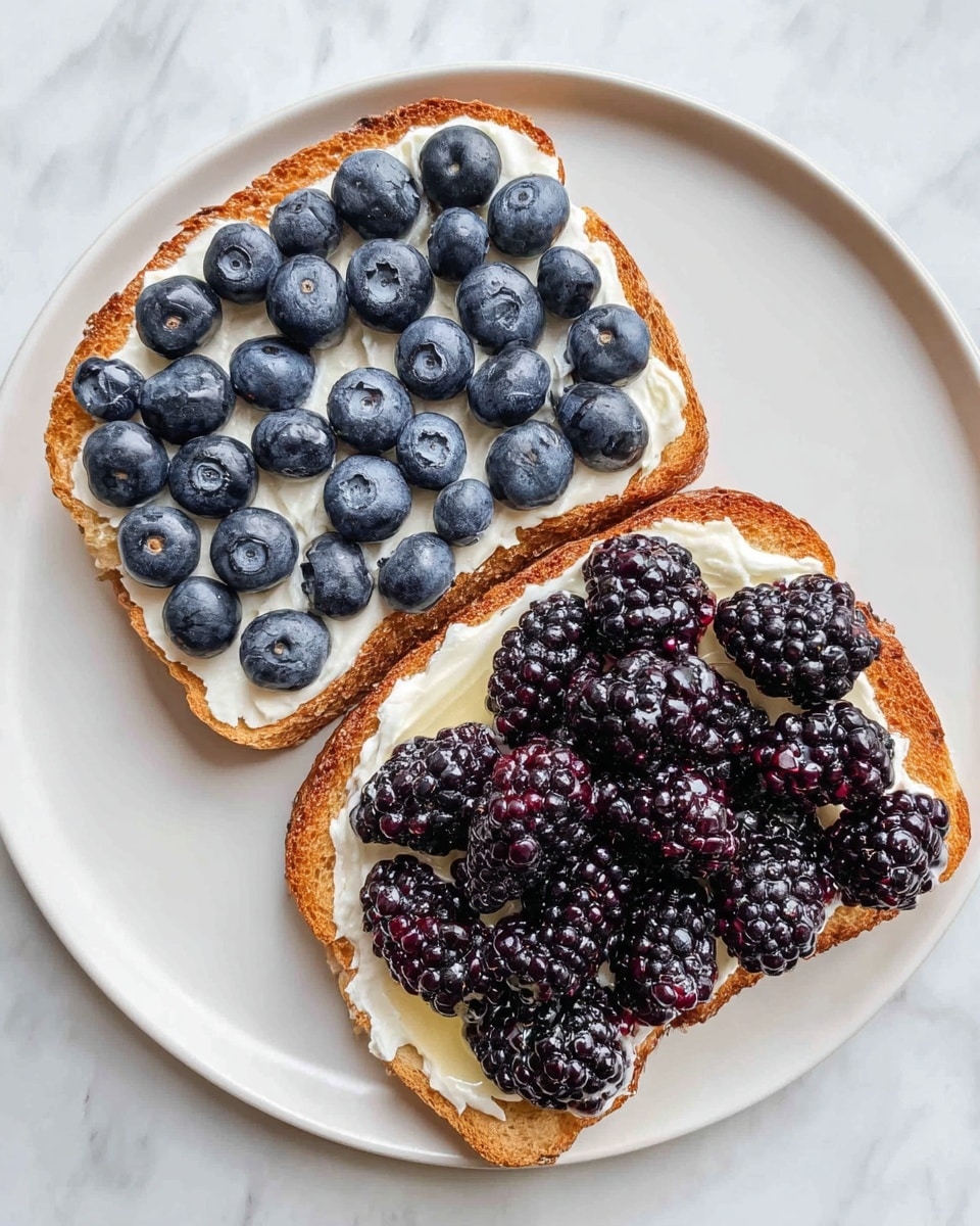 Two slices of toasted bread sit on a white plate over a white marbled surface. Each slice is covered evenly with a creamy white spread as the first layer. On the slice to the left, the top layer consists of whole fresh blueberries, dark blue with a slightly glossy texture, arranged close together. The slice on the right has a top layer of large blackberries, deep purple to black in color, some with a light shine and a sweet syrup drizzled on them. The toast edges are golden brown with a crunchy texture visible. Photo taken with an iphone --ar 4:5 --v 7