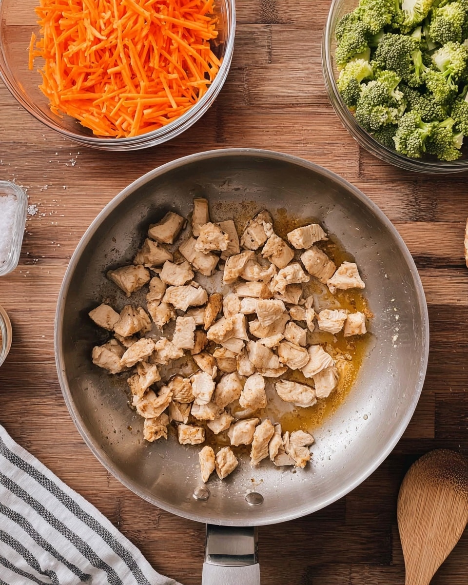 A silver frying pan sits in the center on a brown wooden surface with small browned pieces of cooked chicken spread inside, showing a slight shine from cooking oil and juices. To the top left of the pan is a clear glass bowl filled with bright orange shredded carrots. To the top right is another clear glass bowl holding small green broccoli florets. In the bottom right corner, a wooden spoon rests partially on the wood surface, slightly stained from use. A striped white and black kitchen towel is partly visible at the bottom left corner. photo taken with an iphone --ar 4:5 --v 7