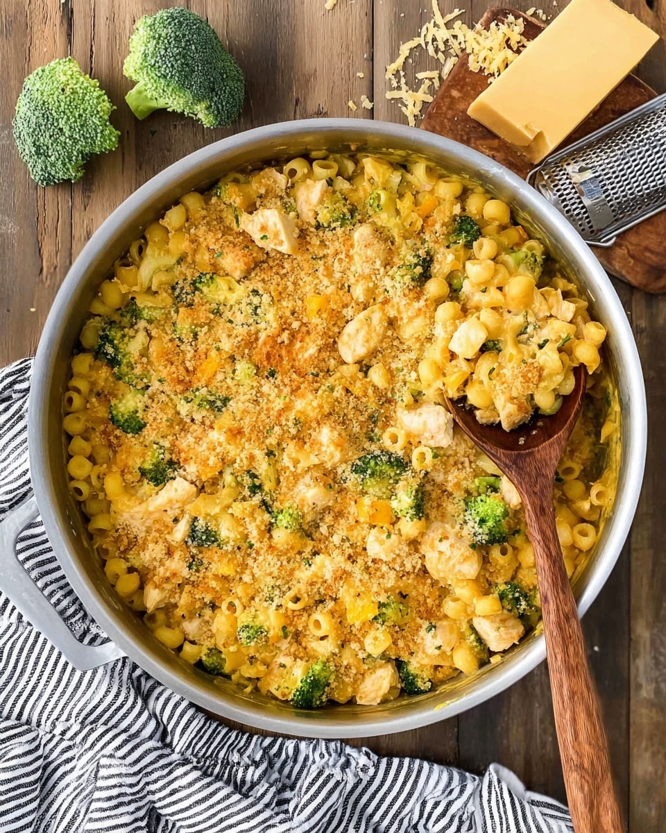 A large silver pan filled with a baked pasta dish that has three main layers: small round pasta in a yellow-orange cheese sauce forming the base layer, mixed with pieces of light beige chicken and green broccoli florets spread evenly inside; the top layer is sprinkled with golden brown breadcrumbs, giving a crispy texture. A wooden spoon is scooping some pasta from the front right side of the pan. The pan sits on a wooden surface with three broccoli pieces placed near the top left and a triangular block of yellow cheese with some grated bits next to a metal grater at the top right. A black and white striped cloth is partially visible under the pan at the bottom. photo taken with an iphone --ar 4:5 --v 7