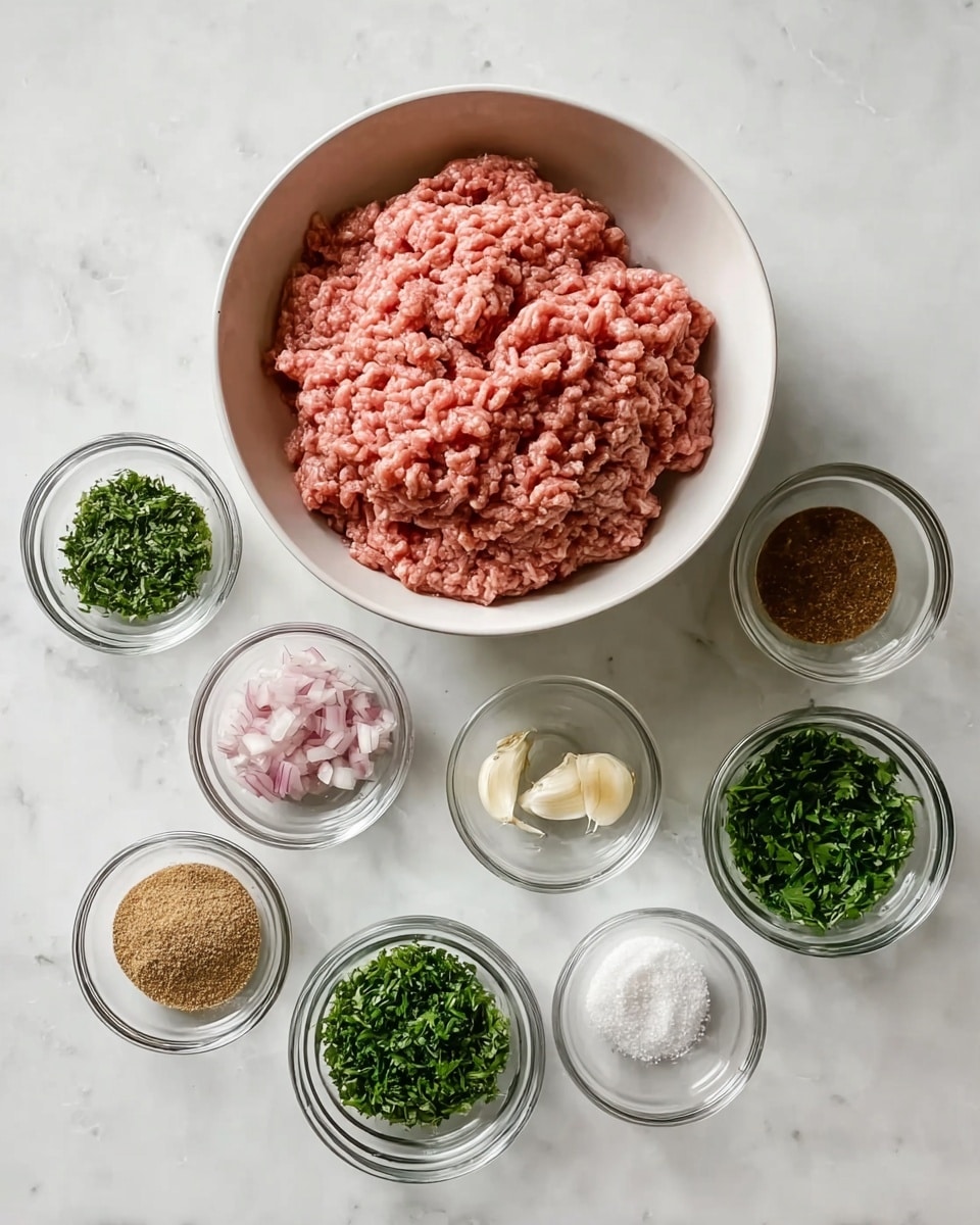 A white bowl in the center filled with raw ground meat that is pink with a slightly coarse texture. Surrounding this bowl are eight small clear glass bowls placed on a white marbled surface. Each bowl contains different ingredients: finely chopped light pink shallots, a dark brown powdery spice, finely chopped green herbs, a light brown powder, a mix of finely chopped white and beige garlic, a small mound of white salt, finely chopped darker green herbs, and a clear liquid. The arrangement is neat and evenly spaced around the main bowl. photo taken with an iphone --ar 4:5 --v 7