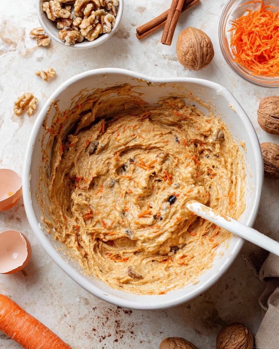 In a white heart-shaped bowl, there is a thick, creamy mixture with a light brown and orange color, showing bits of shredded carrot and small dark pieces mixed in. A white spatula with some of the mixture on it rests inside the bowl. Around the bowl on a white marbled surface are cracked egg shells, a small white bowl with shredded orange carrot, a white dish with chopped walnuts, some whole walnuts, cinnamon sticks in a glass, and a whole carrot. The scene is warm and inviting, focused on the batter texture with visible streaks and lumps. Photo taken with an iphone --ar 4:5 --v 7