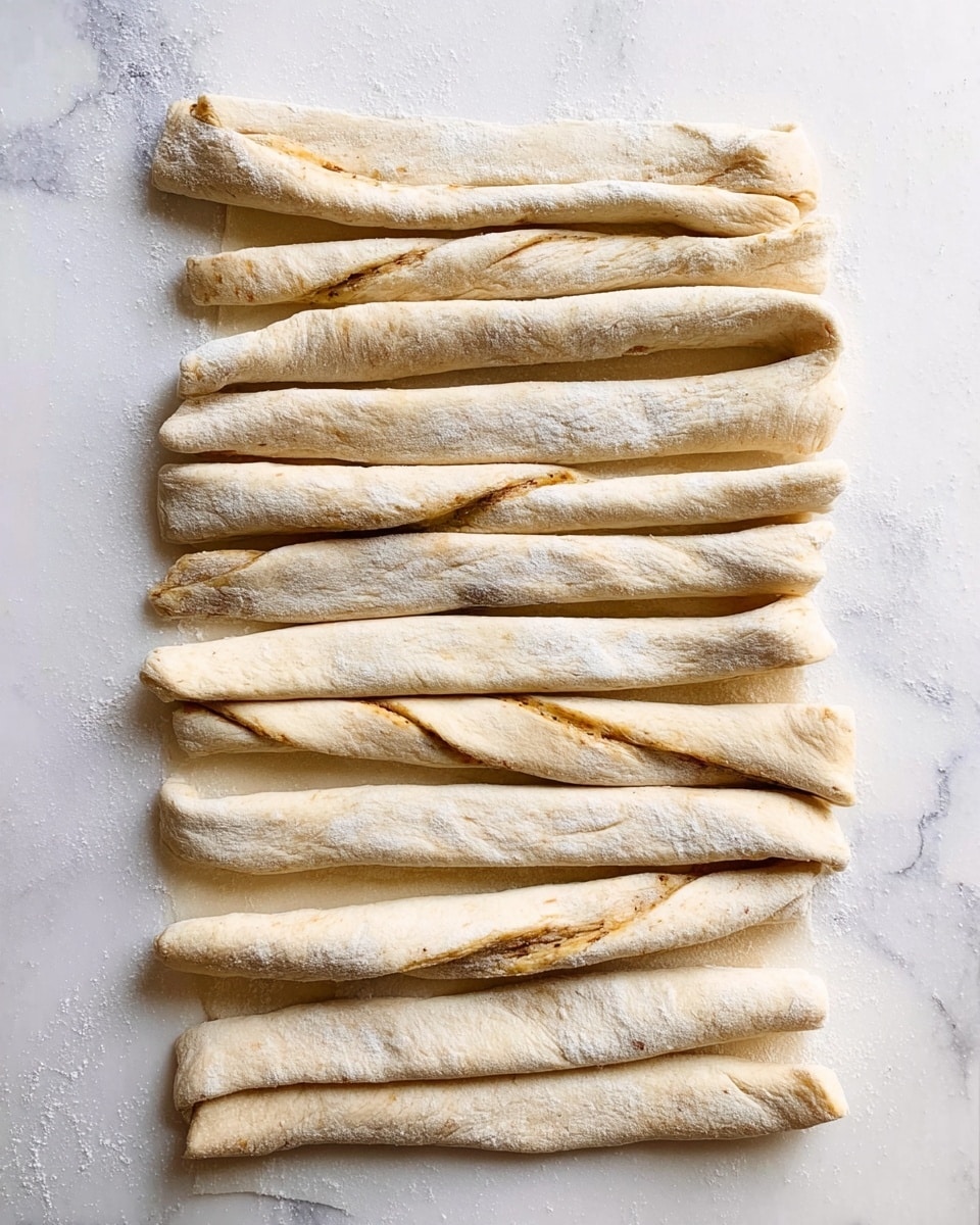 The image shows ten strips of dough laid out side by side on a white marbled surface. Each dough strip is light beige and soft with some faint darker swirls inside, suggesting filling or flavor layers. The strips are uneven in length and thickness, with a slightly rough texture and light flour dusting. The top two strips have a small twist or fold at one end, giving some variation to the layout. The overall look is simple and rustic with a soft, fresh dough appearance. Photo taken with an iphone --ar 4:5 --v 7