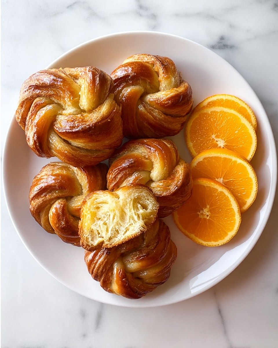 A white plate holds five golden brown twisted pastries with a shiny surface, showing a layered, soft, and fluffy inside in one piece that is slightly pulled apart. To the side, three bright orange slices with a juicy texture lean against the pastries. The plate sits on a white marbled surface. photo taken with an iphone --ar 4:5 --v 7