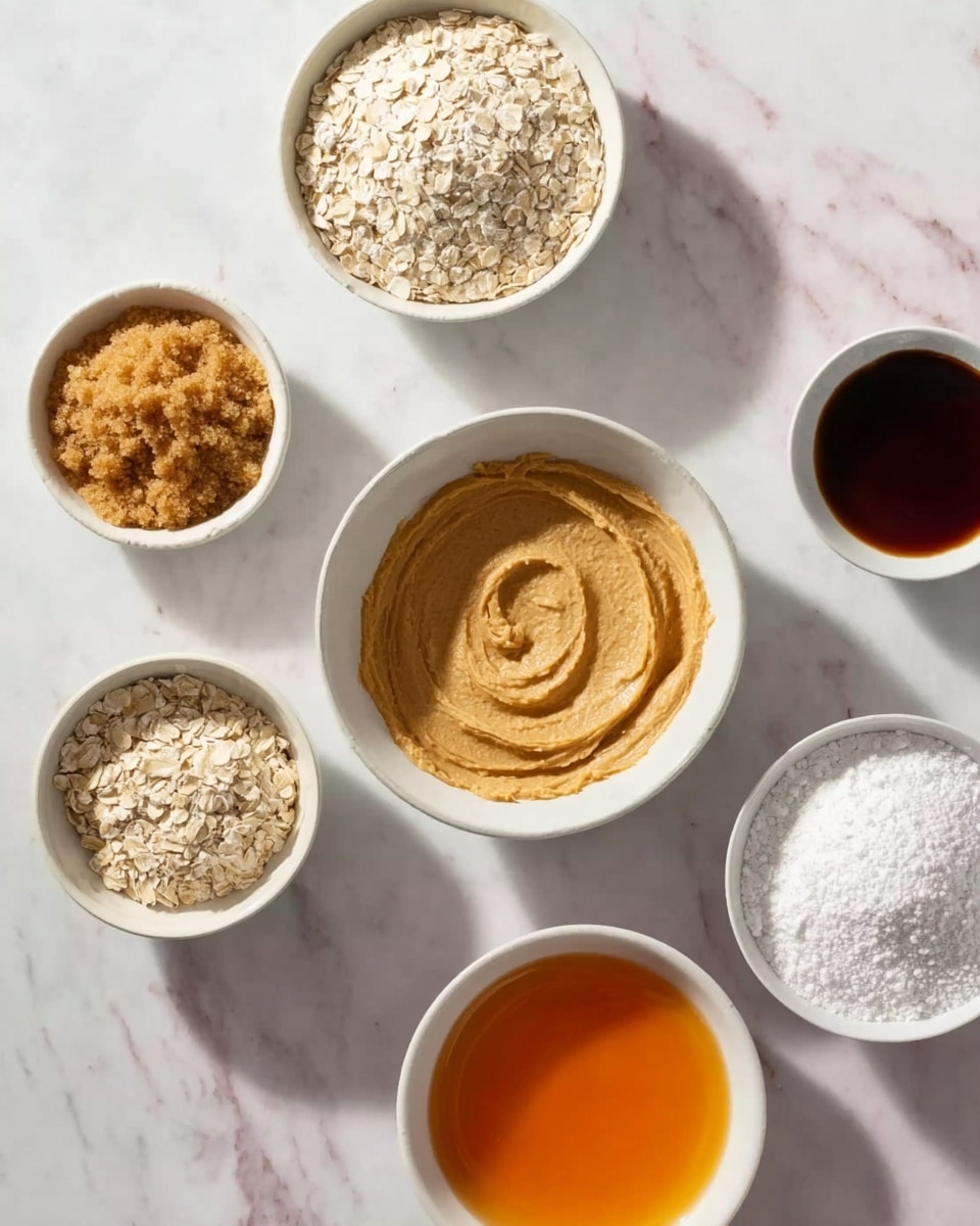 The image shows seven white bowls arranged on a white marbled surface. The largest bowl in the center holds a creamy, smooth peanut butter with a swirl pattern on top. Around it, clockwise from top left, are bowls filled with light brown brown sugar with a crumbly texture, dark amber liquid resembling vanilla extract, bright orange honey with a shiny surface, pale oatmeal flakes with a rough texture, white flour powder, and a mix of white baking powder and salt. The light and shadows highlight the different colors and textures clearly. The photo taken with an iphone --ar 4:5 --v 7